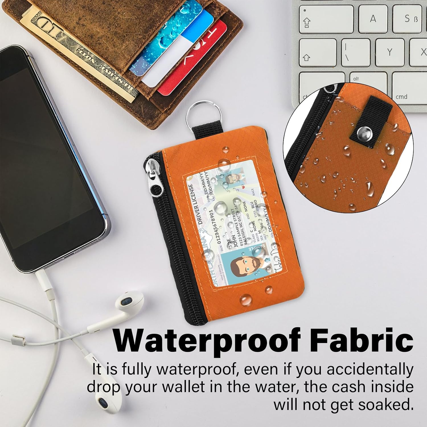 Minimalist Small Wallet for Men Women with 2 Zip Pockets, Multi Functional ID Case with Keychain and Card Holder, Coin Purse Badge Lanyard Pouch for Boys Girls Travel - Orange image 4
