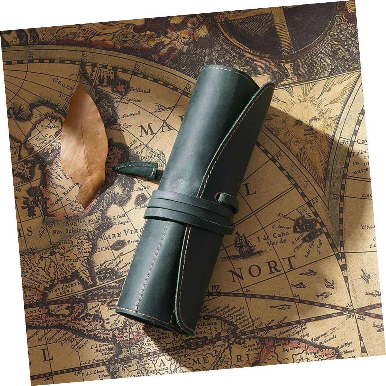SHINEOFI Estuche Enrollable Costura a Mano de Cuero Vintage Verde para Bolígrafos y Plumas Estilográficas Adecuado para Oficina y Universidad