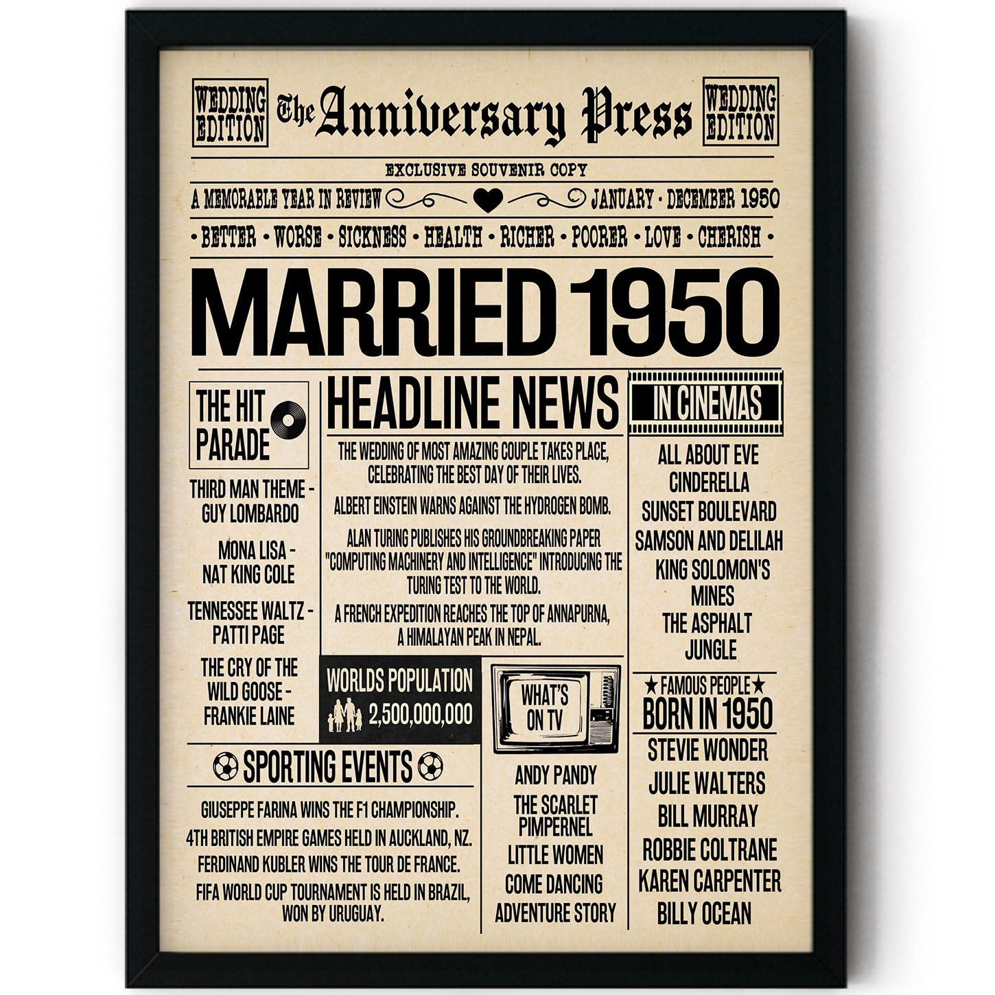 Stuff4 Women's 1950 76Th Anniversary Poster Framed, Married In Newspaper