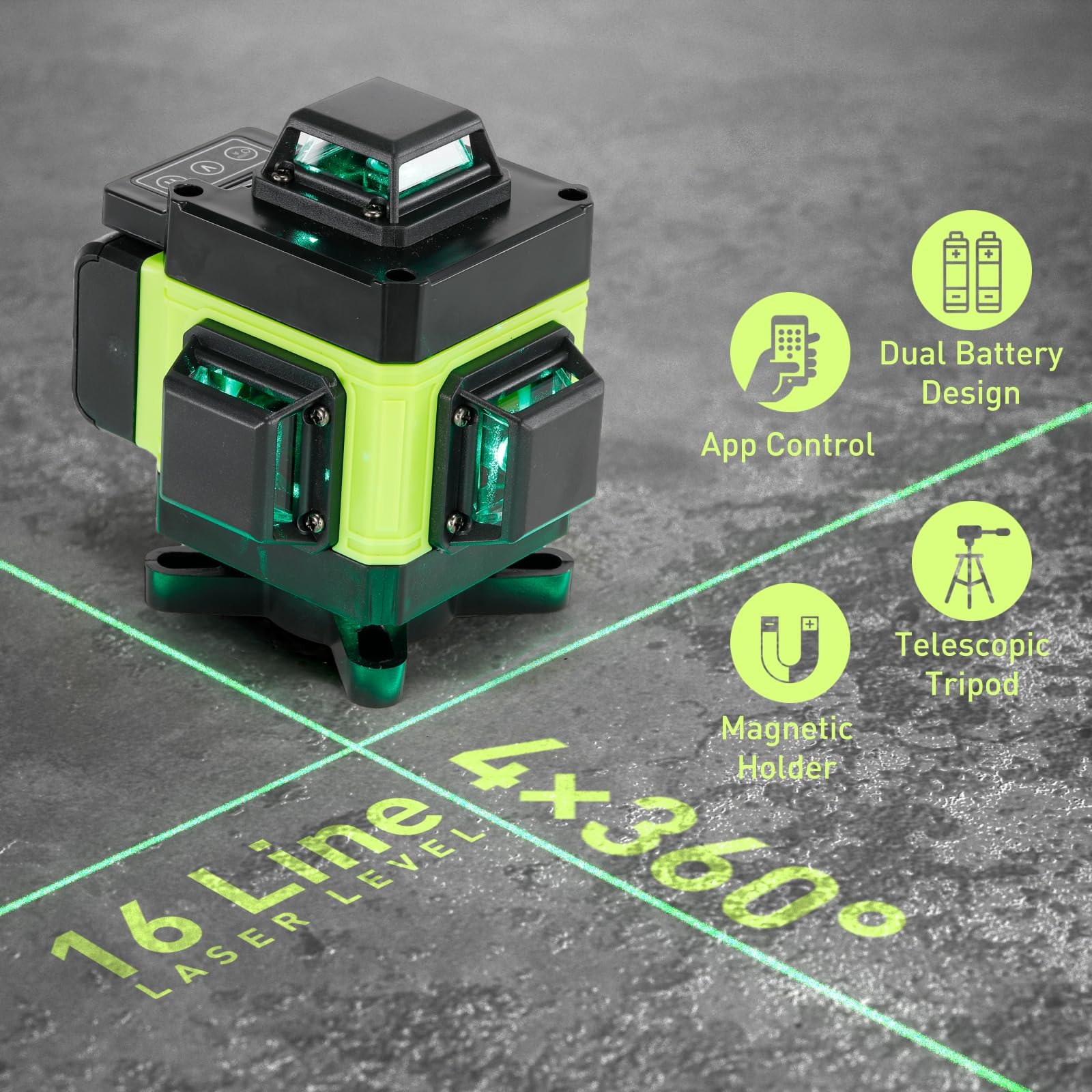 Weytoll Livella Laser 16 Linee Livella a Bolla IP54, Batteria da 2400 mAh x 2, con Treppiede Telescopico per la Posa di Piastrelle per Pavimenti, Divisori di Installazione