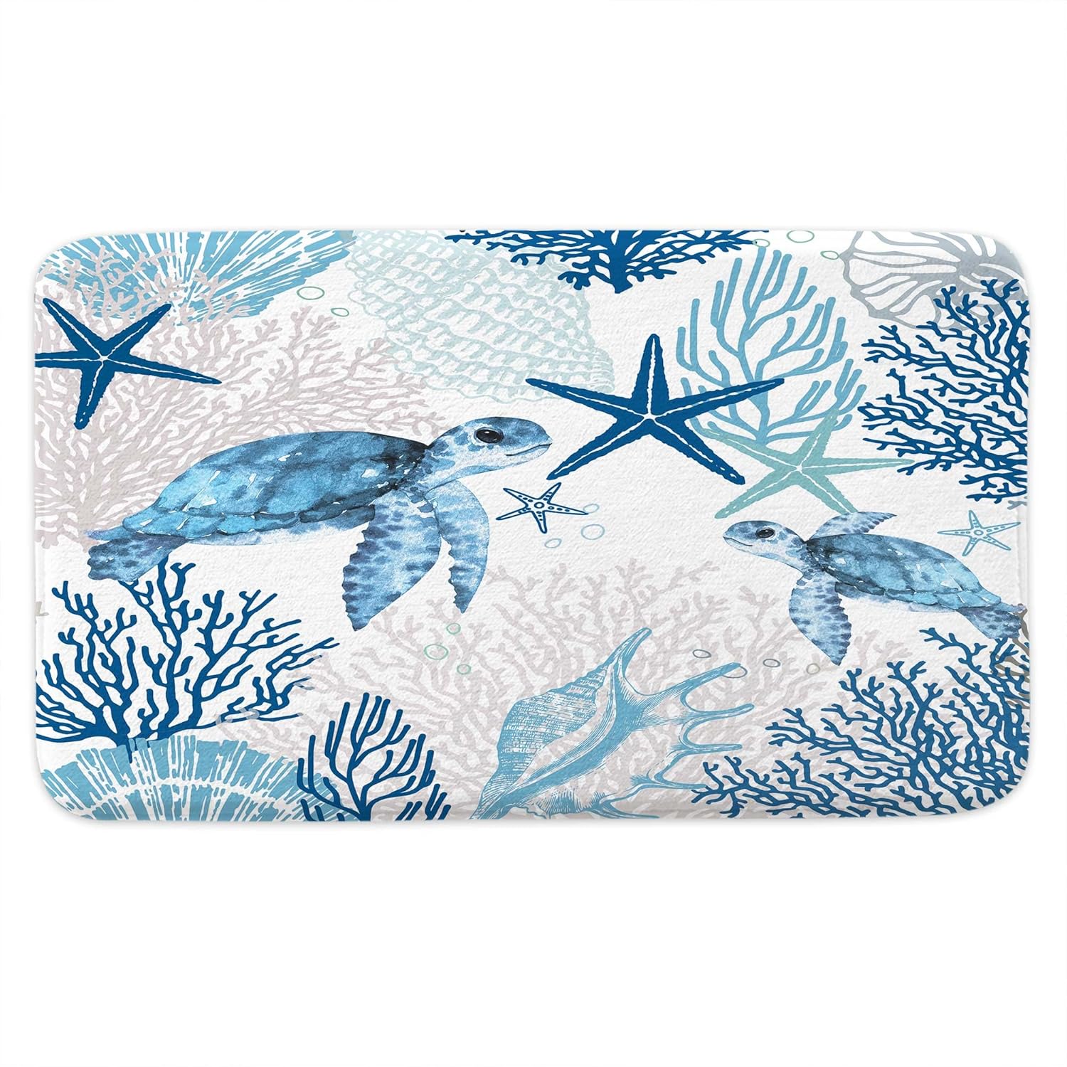 Nautical Coastal Bath Mat, Vintage Dark Blue Tropical Sea Turtle Seashell Starfish Rugs for Bedroom, Ocean Beach Themed Door Carpet for Home Bathroom Indoor Outdoor Decoration Kitchen, 17X48IN