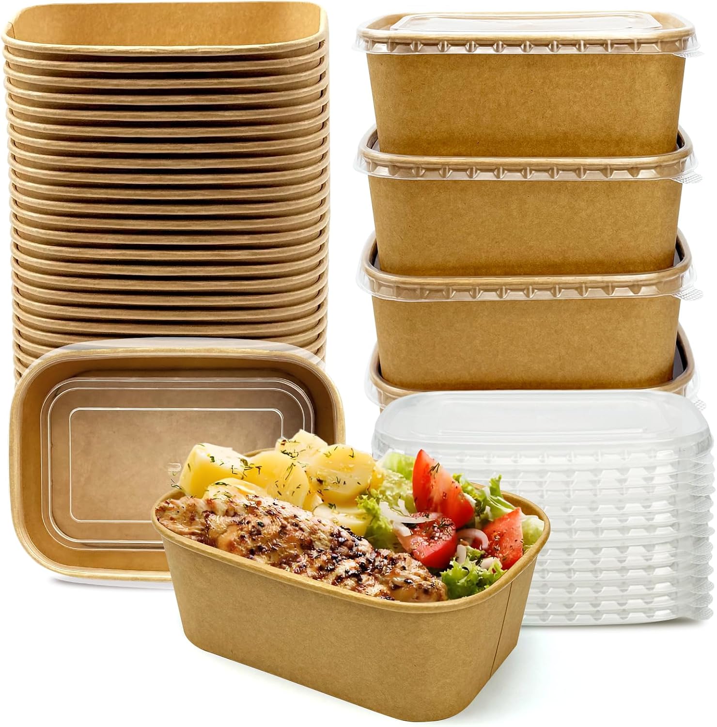 50 Pack Paper Meal Prep Containers with Lids, 20 oz Disposable and Compostable Take out Food Containers Rectangular to Go Paper Bowls for Leftovers, Salad, Soup, Snack