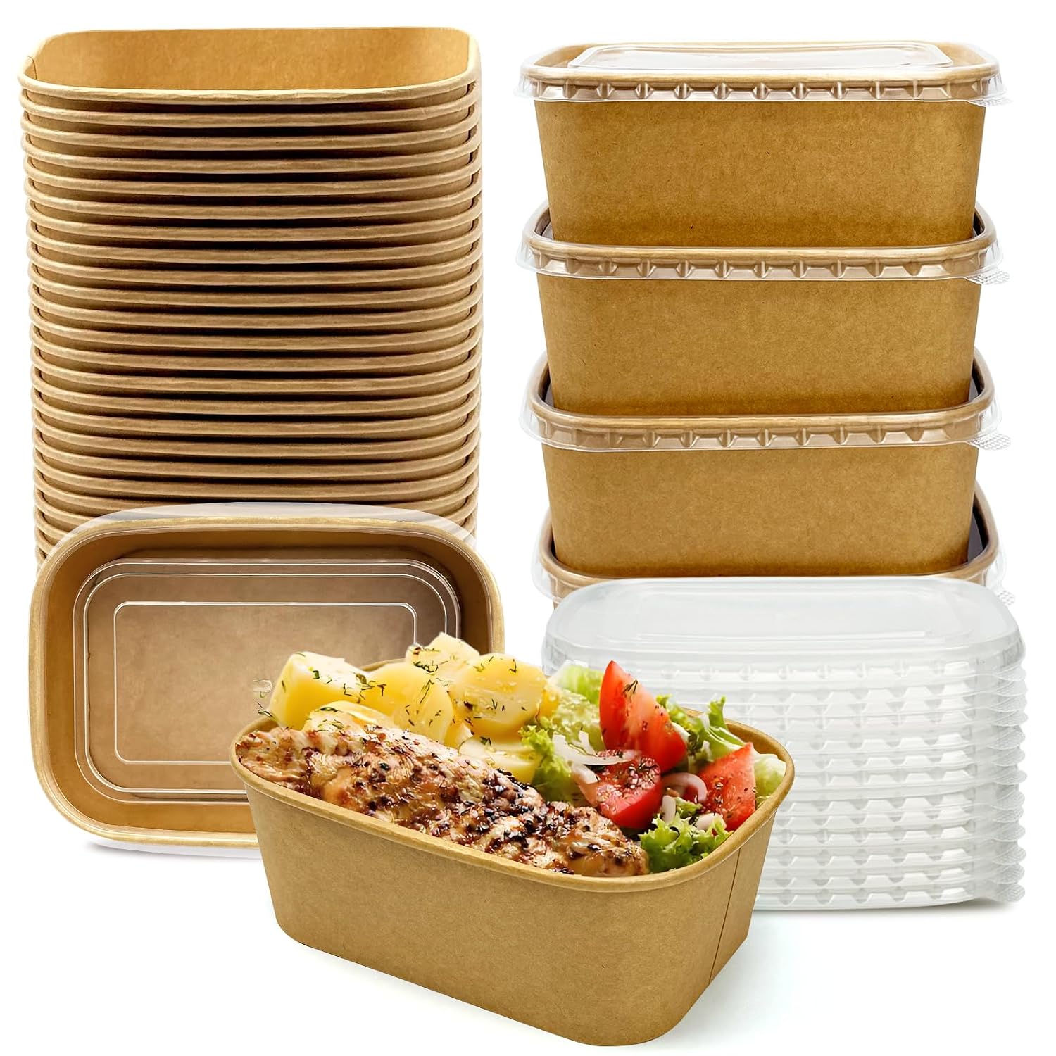 50 Pack Paper Meal Prep Containers with Lids, 20 oz