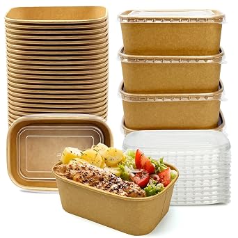 50 Pack Paper Meal Prep Containers with Lids, 20 oz Disposable and Compostable Take out Food Containers Rectangular to Go Paper Bowls for Leftovers, Salad, Soup, Snack