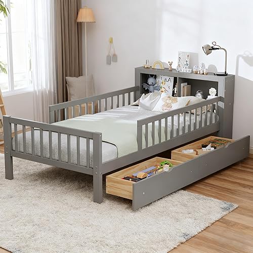 Bellemave Base de cama individual para niños con vallas, 2 cajones y cabecera de almacenamiento, cama de plataforma de tamaño individual con