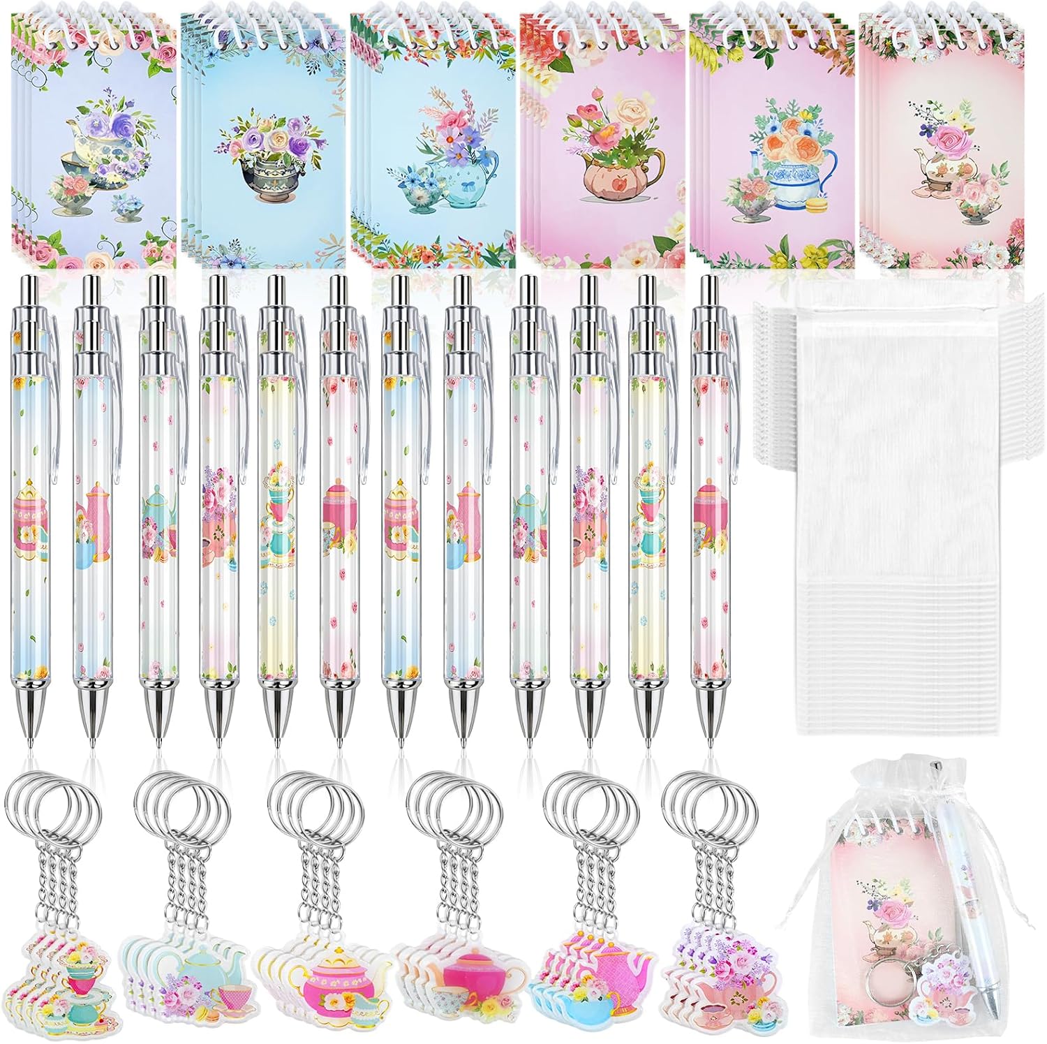 12 Pack Tea Party Favors for Guests Adults, Floral Notebook and Pen Set with Keychain & Gift Bag, Mini Tea Party Supplies for Bridal Shower Garden Party Birthday Wedding Office Gift, 6 Designs