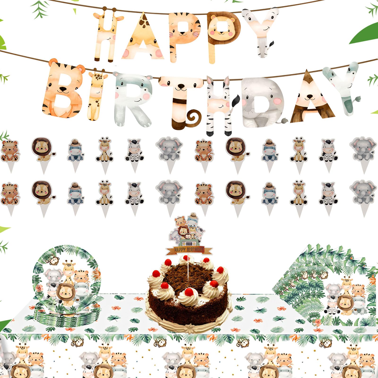 Set Stoviglie Safari Giungla - 78 Pezzi, Piatti, Tovaglioli, Bandiere, Tovaglia - Foto 9