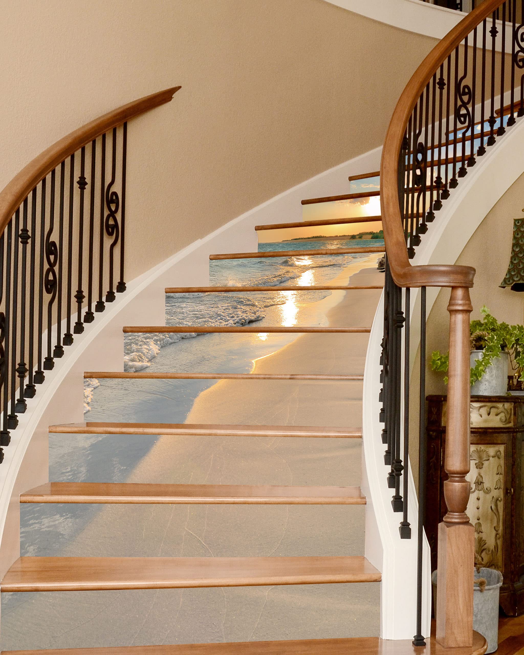 Stair Decals - FLFK Stair Stickers Decals Peel and Stick,Sunrise Coast Stair Risers Decals Self-Adhesive for Home Decor, 39.3" W x 7" H x 13Pcs