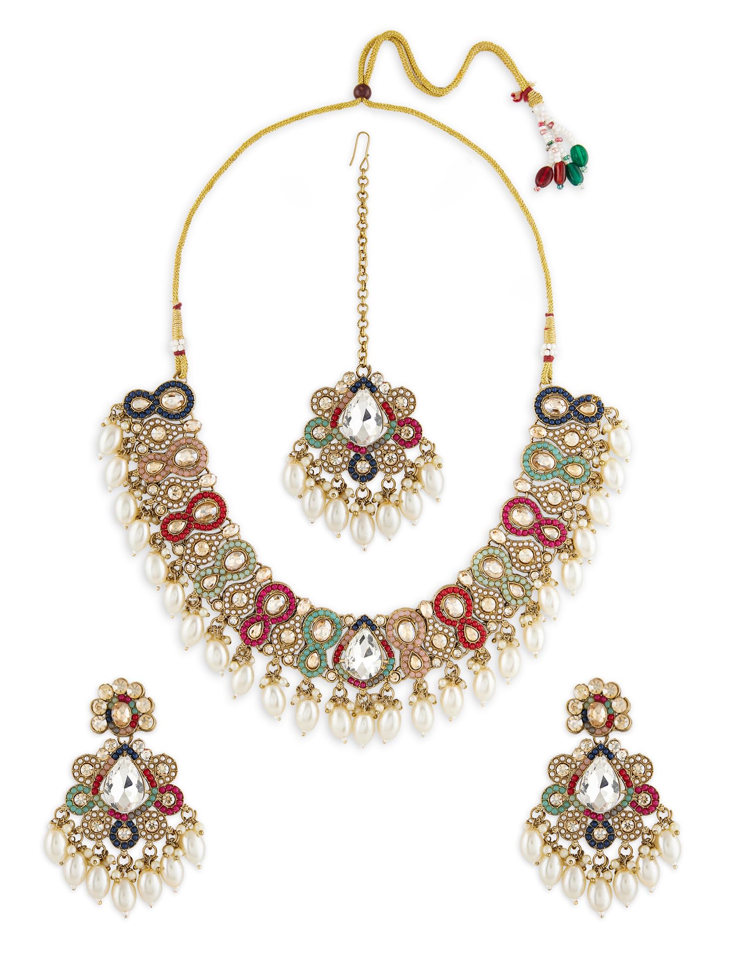 Multicolor Dazzling Stones Beads Drop Necklace Earring & Maangtikka Set For Women-ZPFK19043-image-45