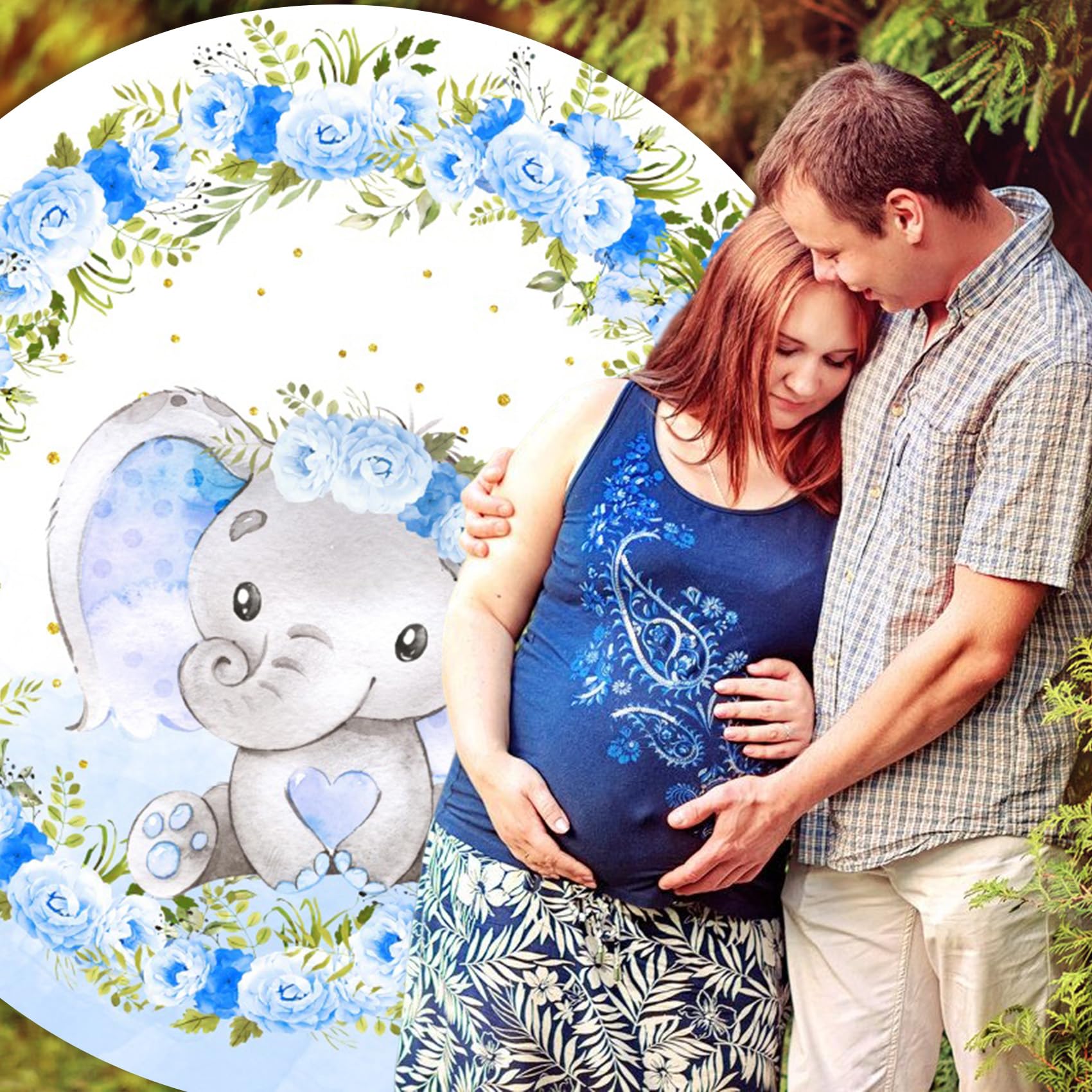 Yeele Runder Fotohintergrund 'It's A Boy' – Aquarell Elefant Mit Blauen Blumen, 2,3 M Durchmesser, Polyester, Für Babyparty & Dekoration
