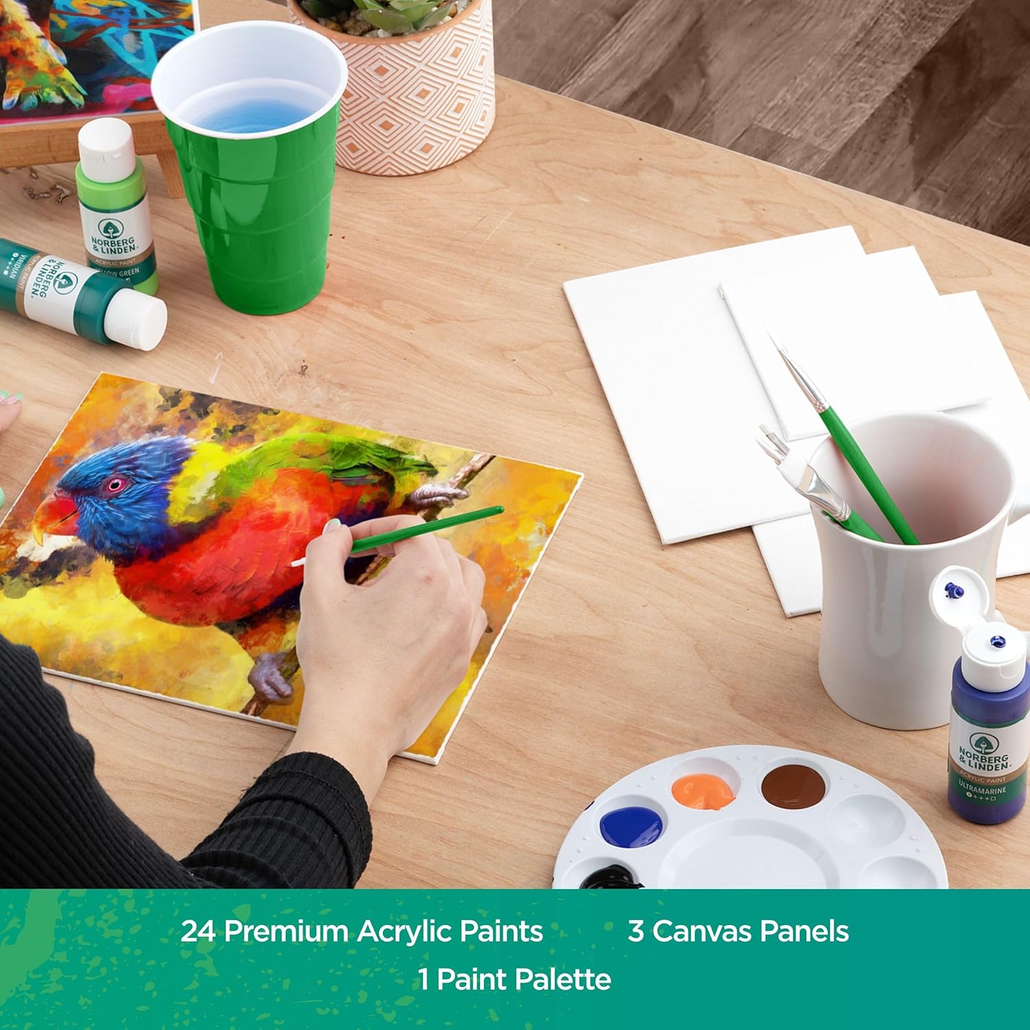 Norberg & Linden Acrylic Paint Set - Canvas and Acrylic Paint Sets for Adults, Teens, Kids - Arts Crafts Painting Kit with Supplies - Includes 24 Vivid Colors & 3 Painting Canvas Panels