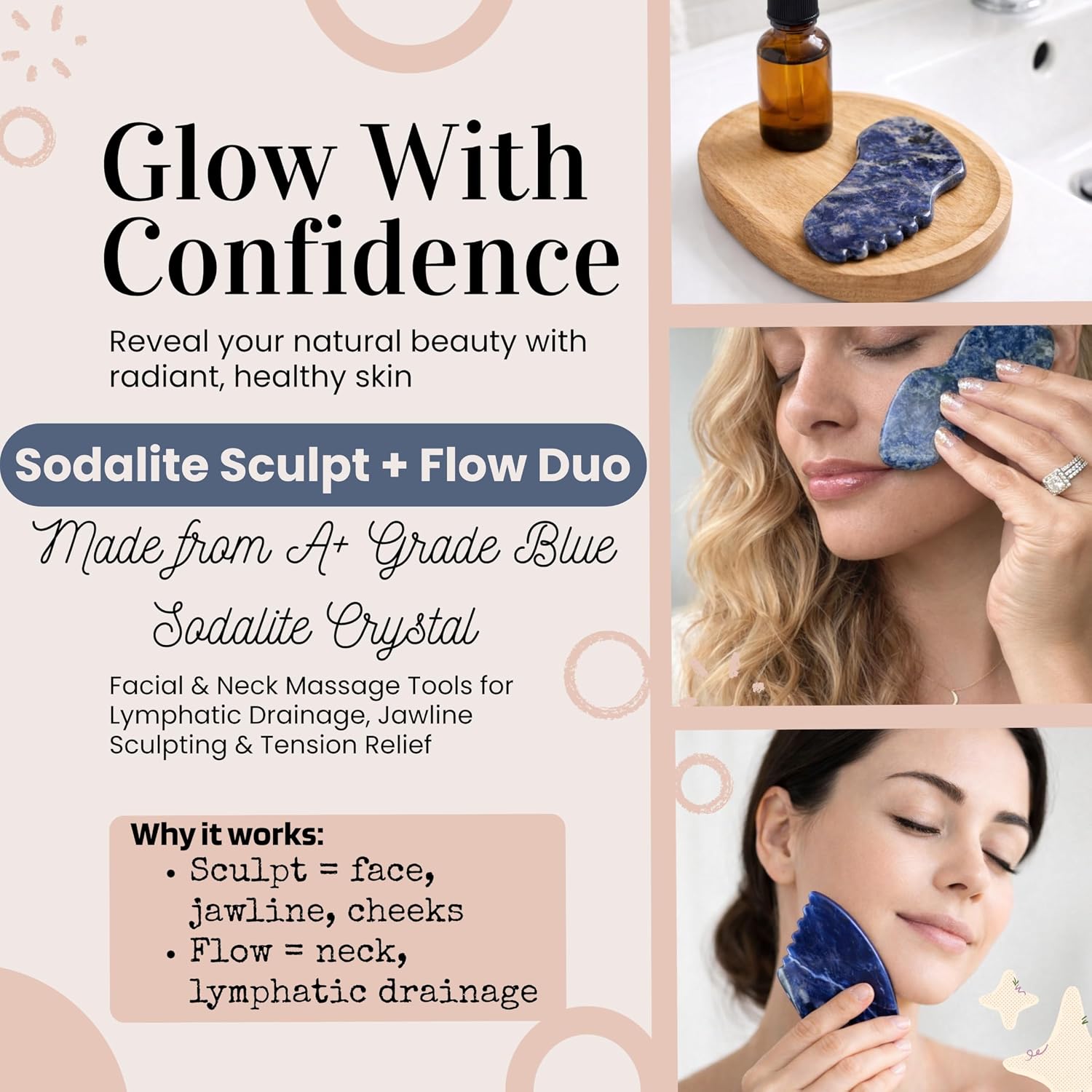 Blue Sodalite Gua Sha Set – Sculpt + Flow Facial & Neck Massage Tools for Lymphatic Drainage, De-Puffing & Jawline Contouring, Set of 2 Blue Sodalite Stone by This Hippie Girl