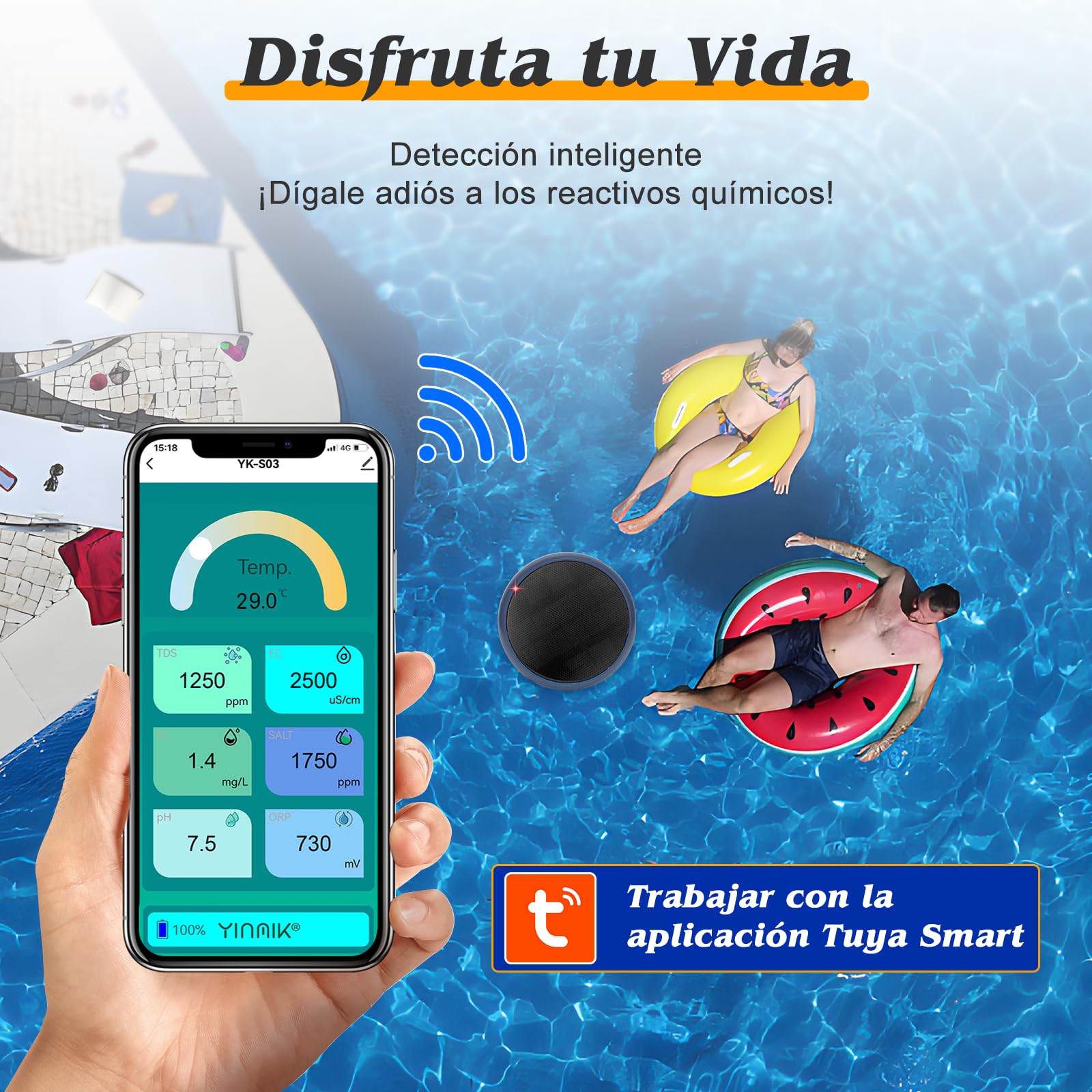 Medidor Cloro y pH Piscinas WiFi, Analizador Inteligente 7 en 1 Agua Piscina Salina, Mide pH, Cloro Residual, Sal, ORP, EC TDS, Temp con Carga Solar