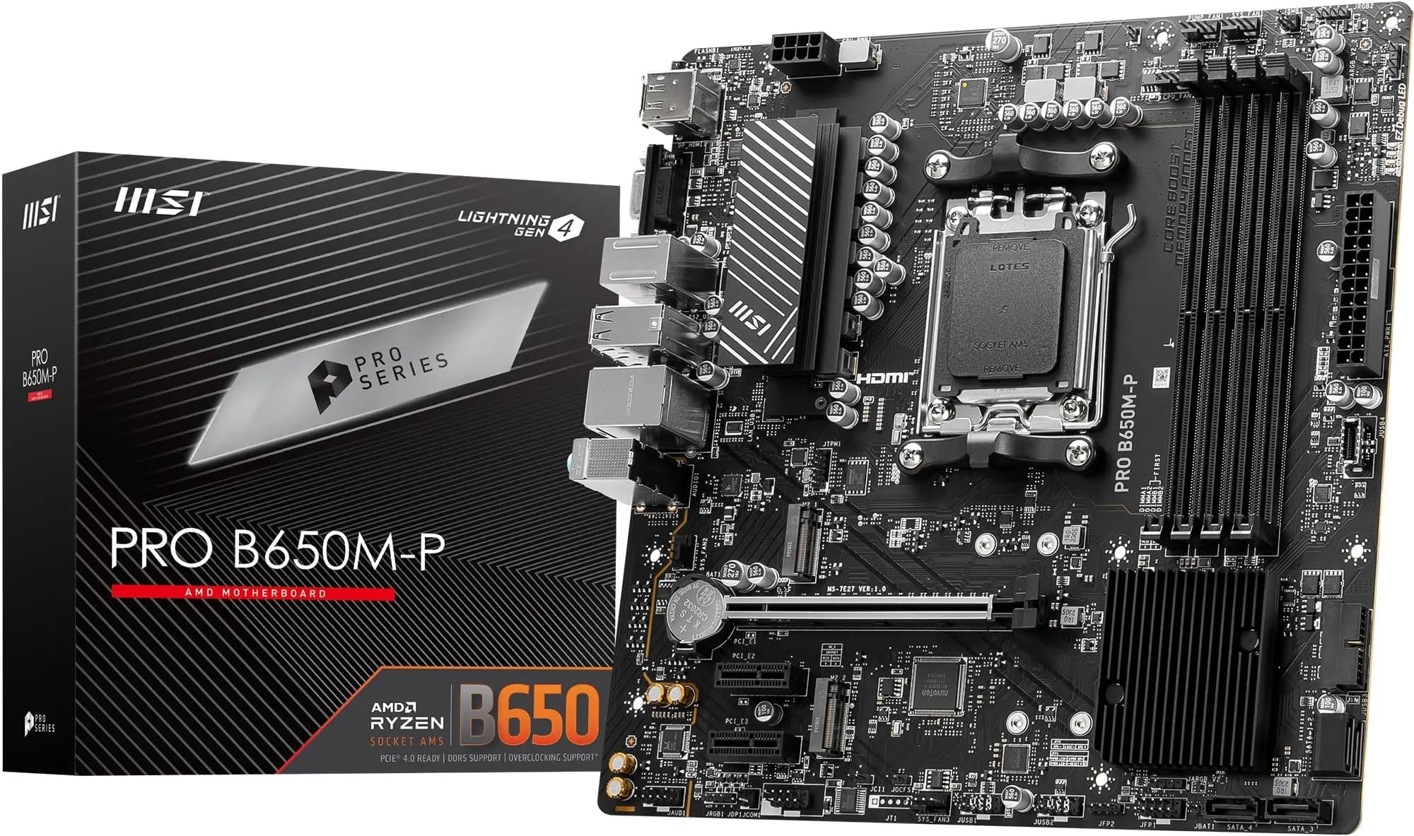 MSI PRO B650M-P Motherboard, Micro-ATX - Supports AMD Ryzen 9000/8000 / 7000 Series Processors, AM5 - DDR5 Memory Boost 6000+MHz/OC, 1 x PCIe 4.0 x16, 2 x M.2 Gen4, 2.5G LAN
