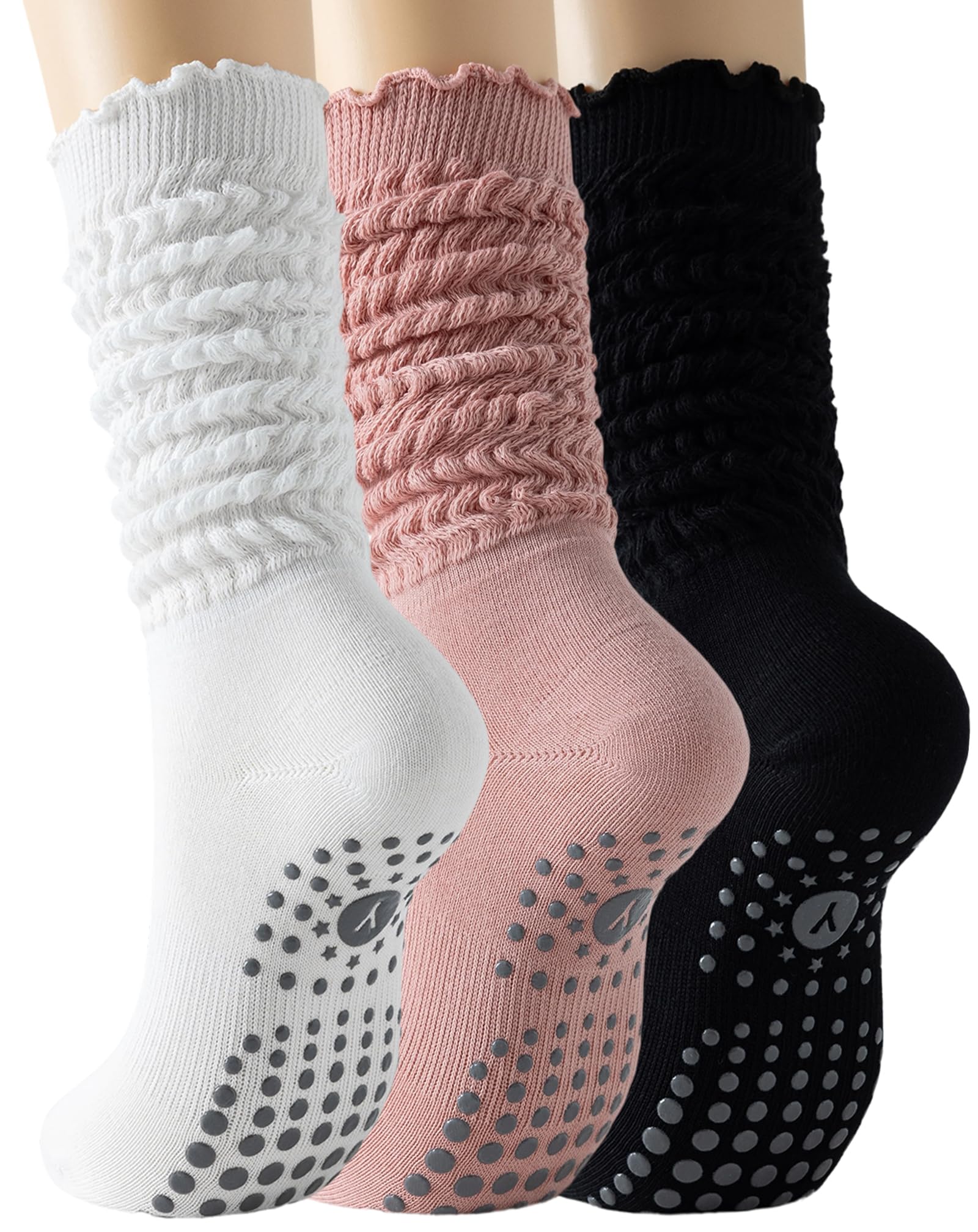Yawlsow 1/3 Paar Pilates Grip Socken für Damen Yoga Rutschfeste Slouch Socken Baumwolle Kniestrümpfe Stulpen Extra lange Scrunch Kniehohe Stiefelsocken für Barre Workout Krankenhaus Zuhause