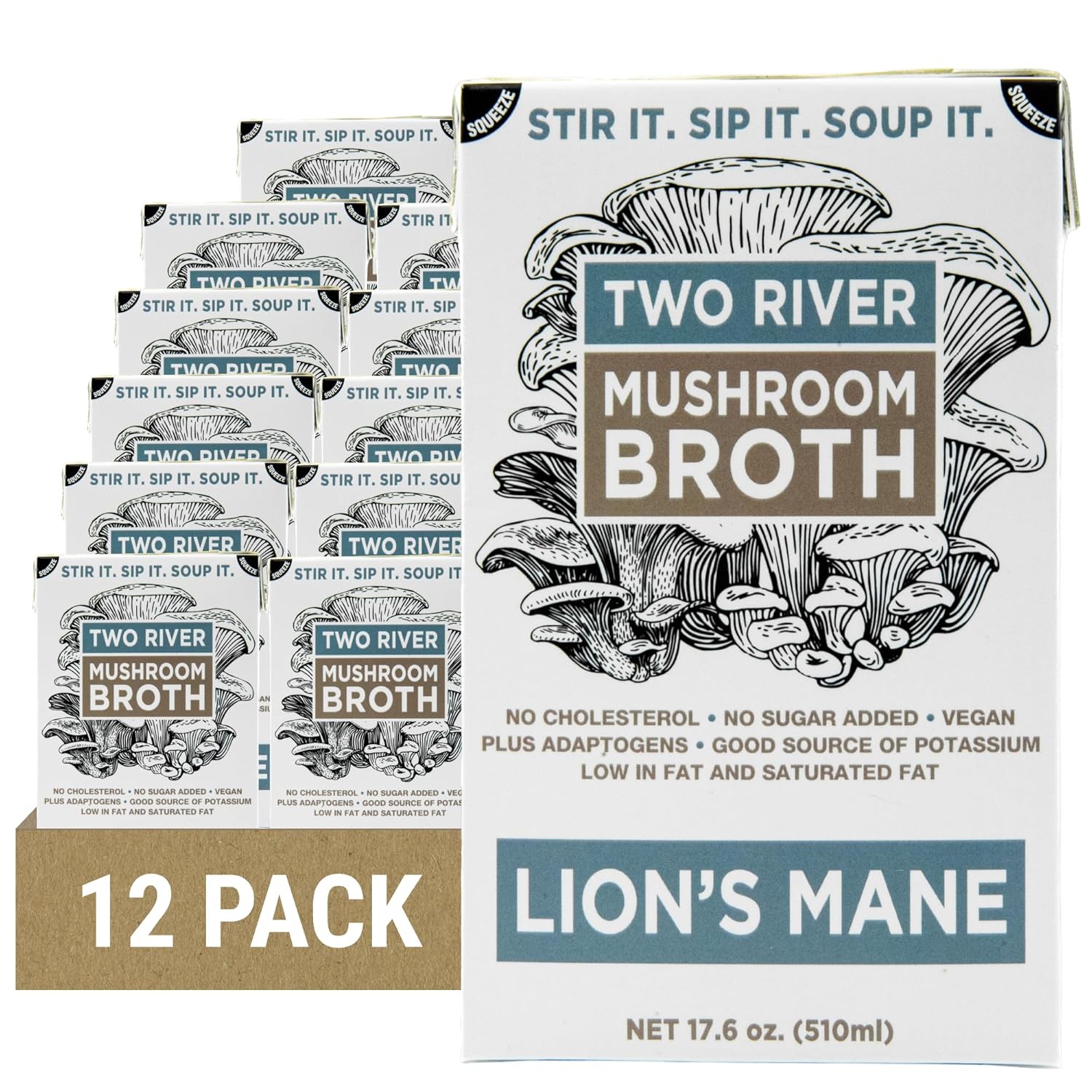 Two River Lion's Mane Mushroom Broth made with organic Lion's Mane and Shiitake Mushrooms, vegan plus adaptogens, perfect for sipping and souping, 510ml, 4ct (Pack of 12)