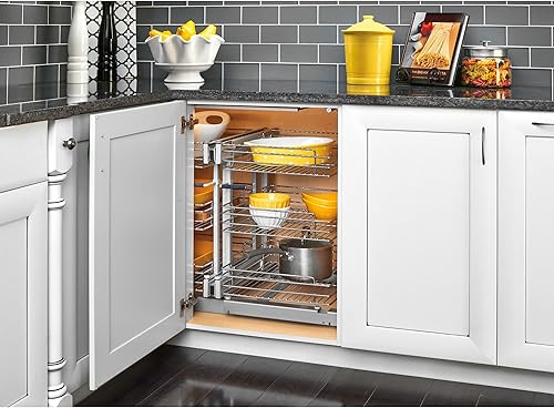 Vista 2 de Rev-A-Shelf Organizador de estante extraíble de 3 niveles para gabinetes de cocina y baño de esquina ciega con cierre suave, estantes ajustables