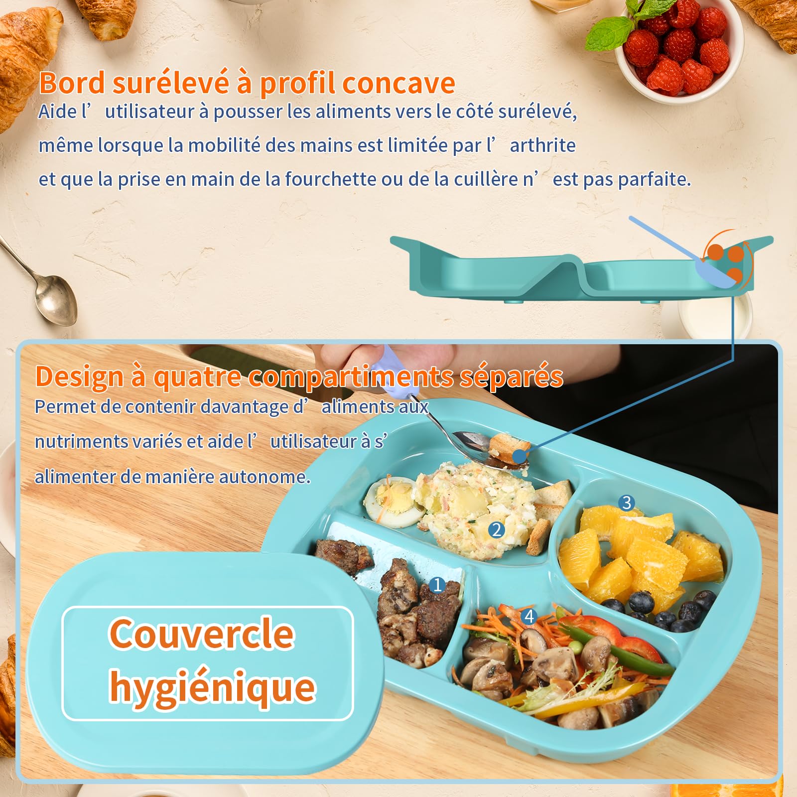 Platos Adaptables De Melamina Con Borde Inclinado Y Antideslizante Con Pared Elevada Para Personas Mayores, Discapacitados, Artríticas De Comer Solo (Cavidades Quadro con tapa)