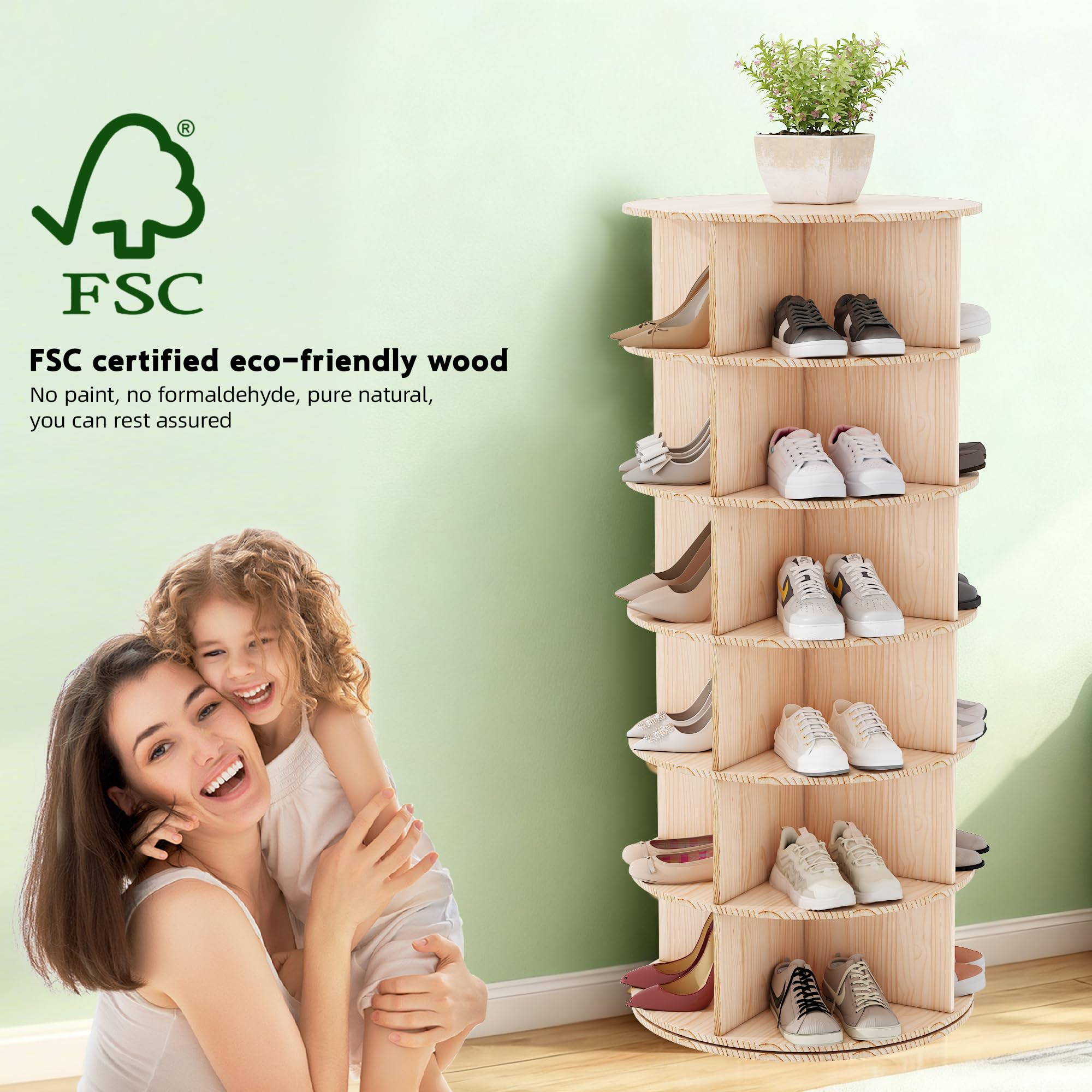 Zapatero Giratorio de 6 Niveles, Schuhregal aus Massivholz, 24 Pares de Zapatos, 113 cm Estantería Multiusos para Entrada, Vestíbulo, Sala de Estar, Dormitorio