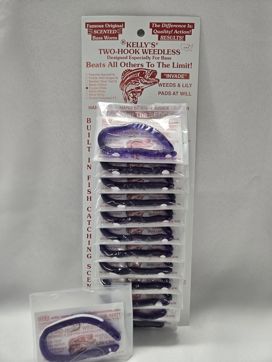 Kelly's® Two-Hook Weedless 12 Pack Anise Scented Pre-Rigged Soft Plastic 5.5 Inch Worm 9 Colors Available Made in The USA
