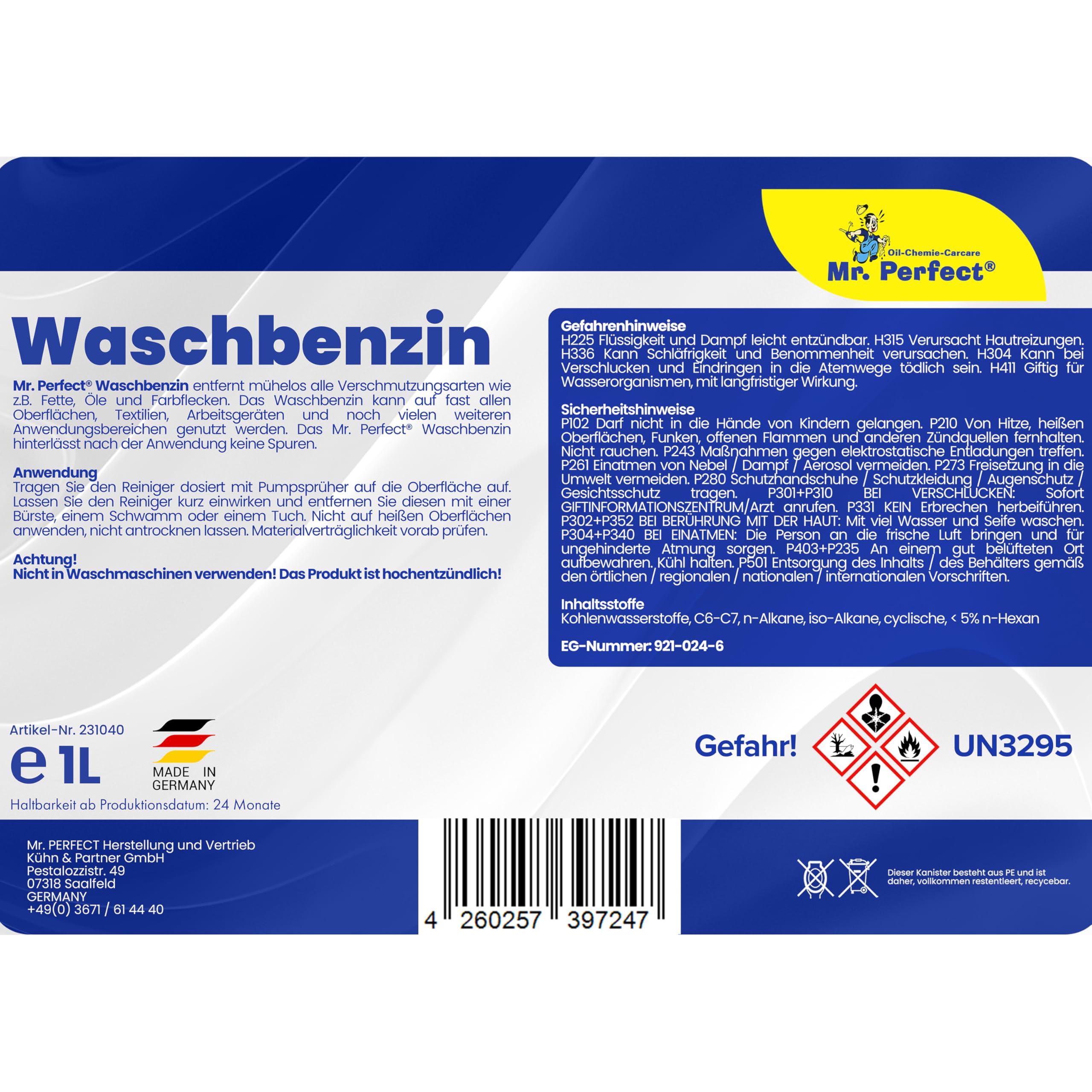 Mr. Perfect® - Waschbenzin 6x 1L - Lösungsmittel für Fleckentfernung auf Textil, Kunststoff, Oberflächen & Arbeitsgeräten - Waschbenzin Reinigungsbenzin - Benzin Reiniger