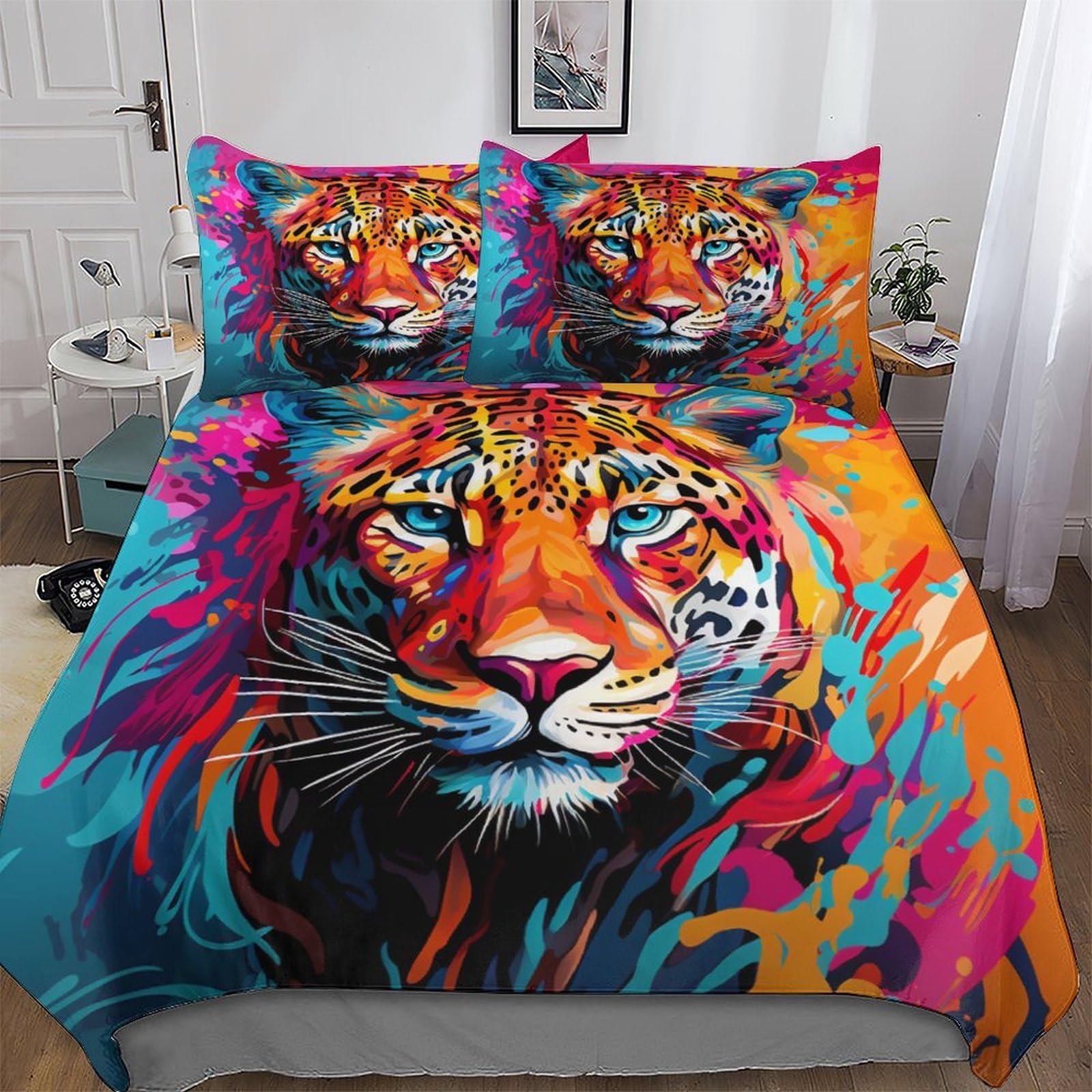 Housse de couette tigre 3 pièces anti-plis avec fermeture éclair double pour lit 200x200
