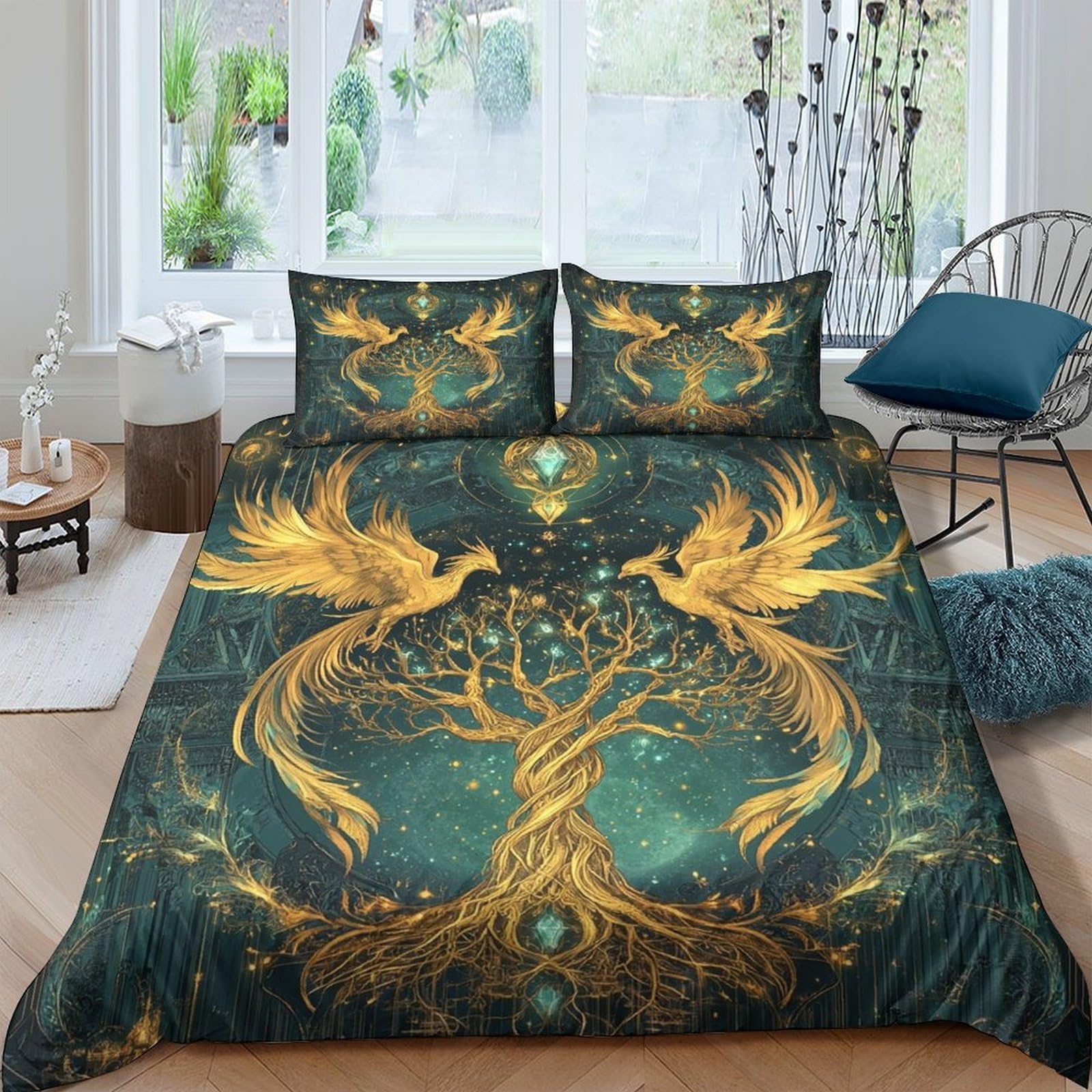 Ctjqhvkz Style-2 3D Printed Golden Phoenix Tree Fitted Sheet Microfiber Soft Decorative Mattress Cover For Bedroom Guest Room Dorm Single（135X200cm）