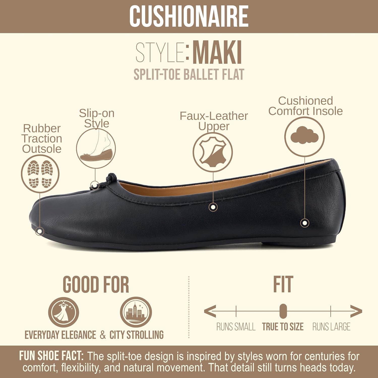 CUSHIONAIRE Maki Tabi Flats for Women, Split Toe Ballet Flats with Flexible Sole and Cushioned Footbed