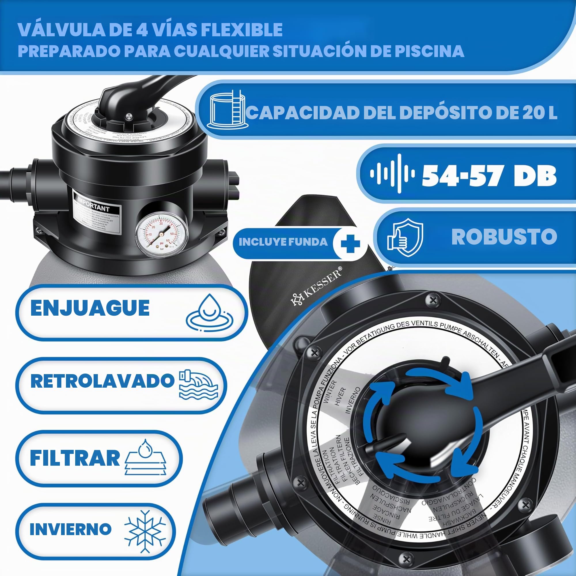KESSER® Filtro de Arena, Sistema de filtrado de Arena + Bolas de filtrado de 700 g Que sustituyen a Las de 25 kg de Arena de filtrado para Piscinas, Sistema de filtrado de 10 mġ/h para Piscinas,Gris