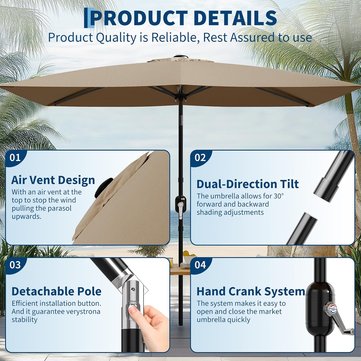 Garvee 10' x 6.5' Rectangular Patio Umbrella, Outdoor Table Umbrella with Crank and Push Button Tilt, Market Umbrella Sun Umbrella with 6 Sturdy Ribs Tilt for Garden, Deck, Lawn, Pool -Tan - Image 6