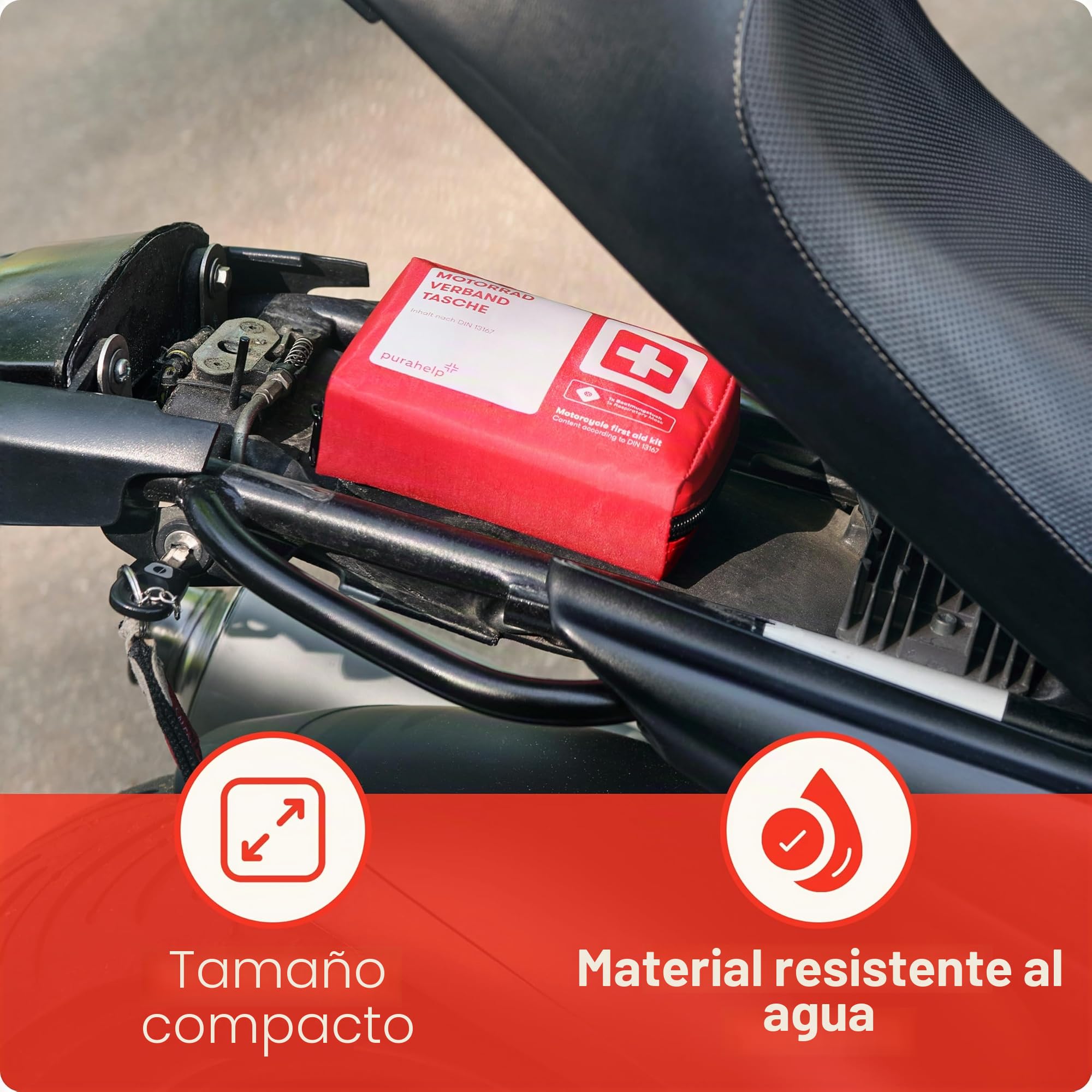 PURAHELP Botiquin Moto - Kit Emergencia Moto - Cumple con la Norma DIN 13167 - Kit Supervivencia Moto