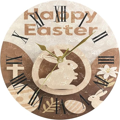 happy Easter Rabbit Brown 10 Inch Round frameless wall clock Silent Deco for School Bedroom reloj de pared para cocina