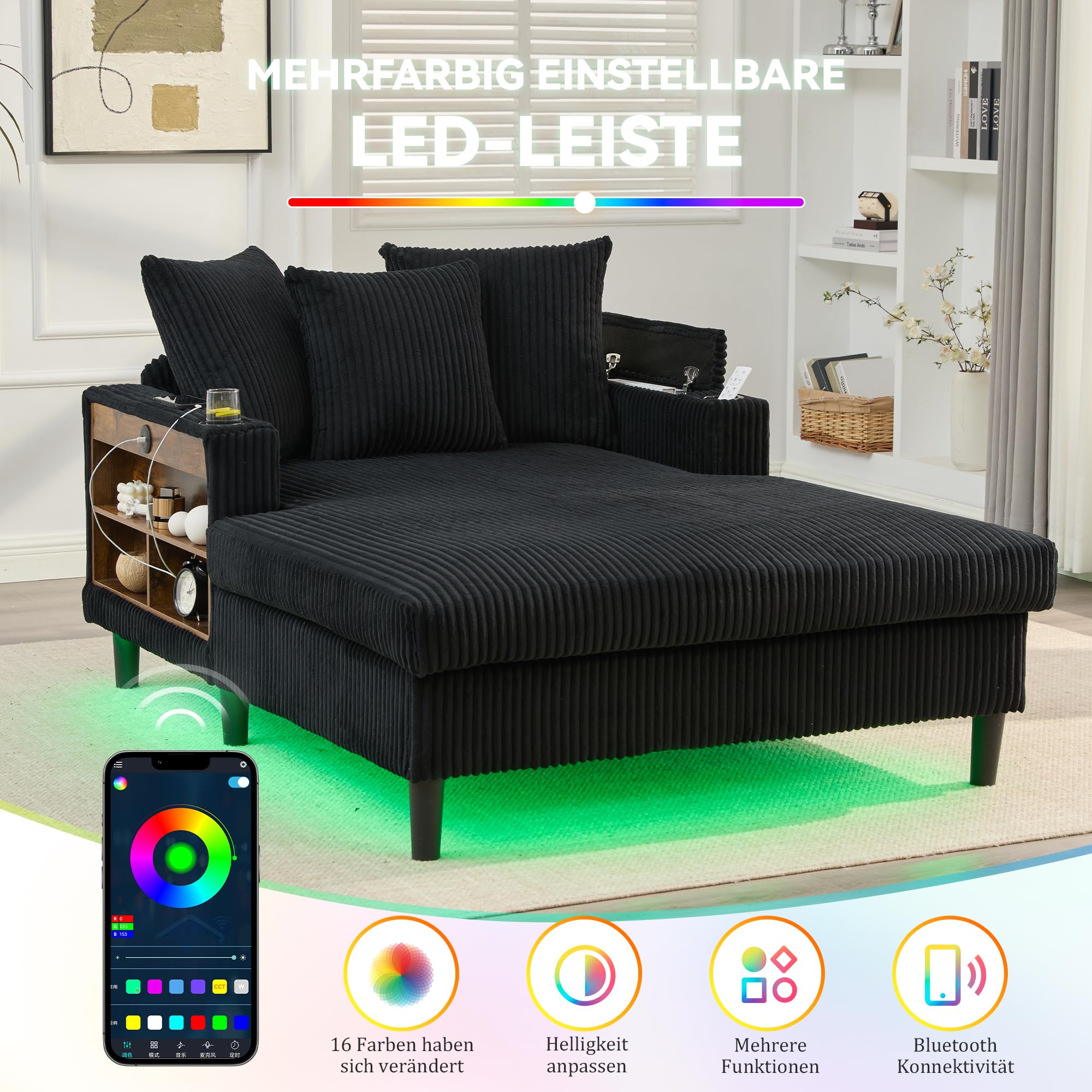 Sofa i kanapa bezboneless – szezlong z diodami LED, USB, miejscem do przechowywania, uchwytami na napoje, sztruksem, pakowany próżniowo, 300 kg, do salonu, czarny