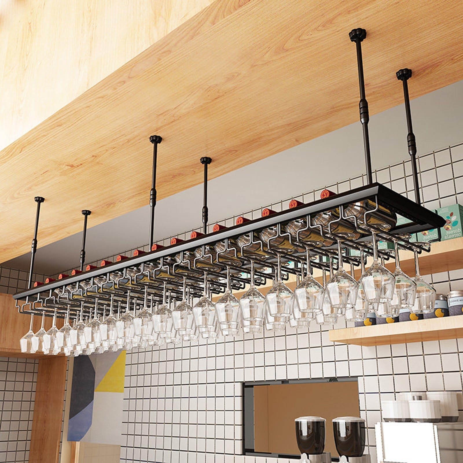 ASYJVWYZ Ceiling-Mounted Wine Rack, Adjustable Height Metal Wine Bottle & Glass Storage Shelf For Home Bar, Kitchen, Dining Room(Style A,120x30cm/47x12in)