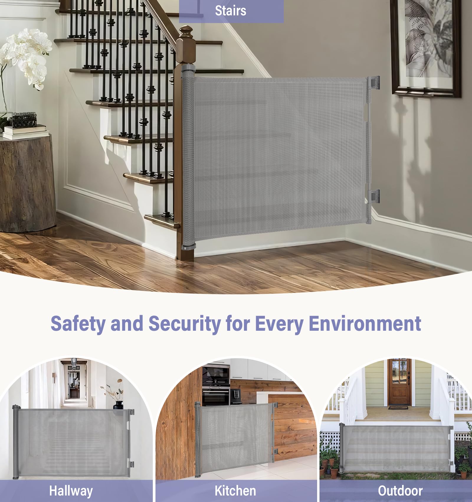 Fellie - Puerta retráctil para escaleras, 300 cm extra ancha, operación con una sola mano, longitud ajustable, 86 cm de alto, puerta gris para perros para pasillos/interiores y exteriores