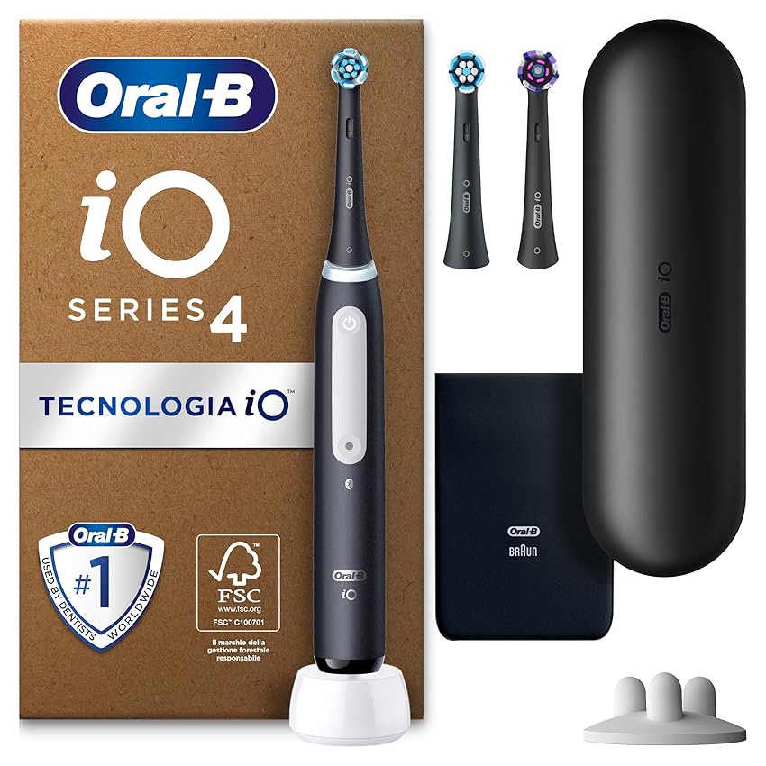 Immagine del prodotto Oral-B Spazzolino Elettrico Ricaricabile iO 4N, Sensore di Pressione, Connessione Bluetooth, 4 Modalità di Spazzolamento, 3 Testine, 1 Spazzolino, 1 Custodia da Viaggio, Nero, Idea Regalo