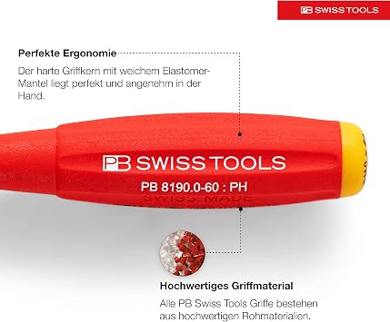 PB Swiss Tools Phillips Screwdriver Set PB 8242.CBB | 100% Swiss Made | 4-Piece SwissGrip Screwdriver Set, Size PH 0-3, Including Practical Wall Mount