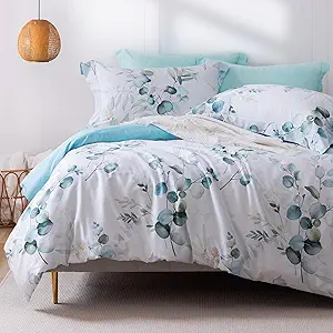 MILDLY 100% Long-Staple Cotton Duvet Cover Set Baby Blue Teal Gradient Leaf Pattern Printed Comforter Cover 3pcs, Ultra Soft & Breathable Bedding Set