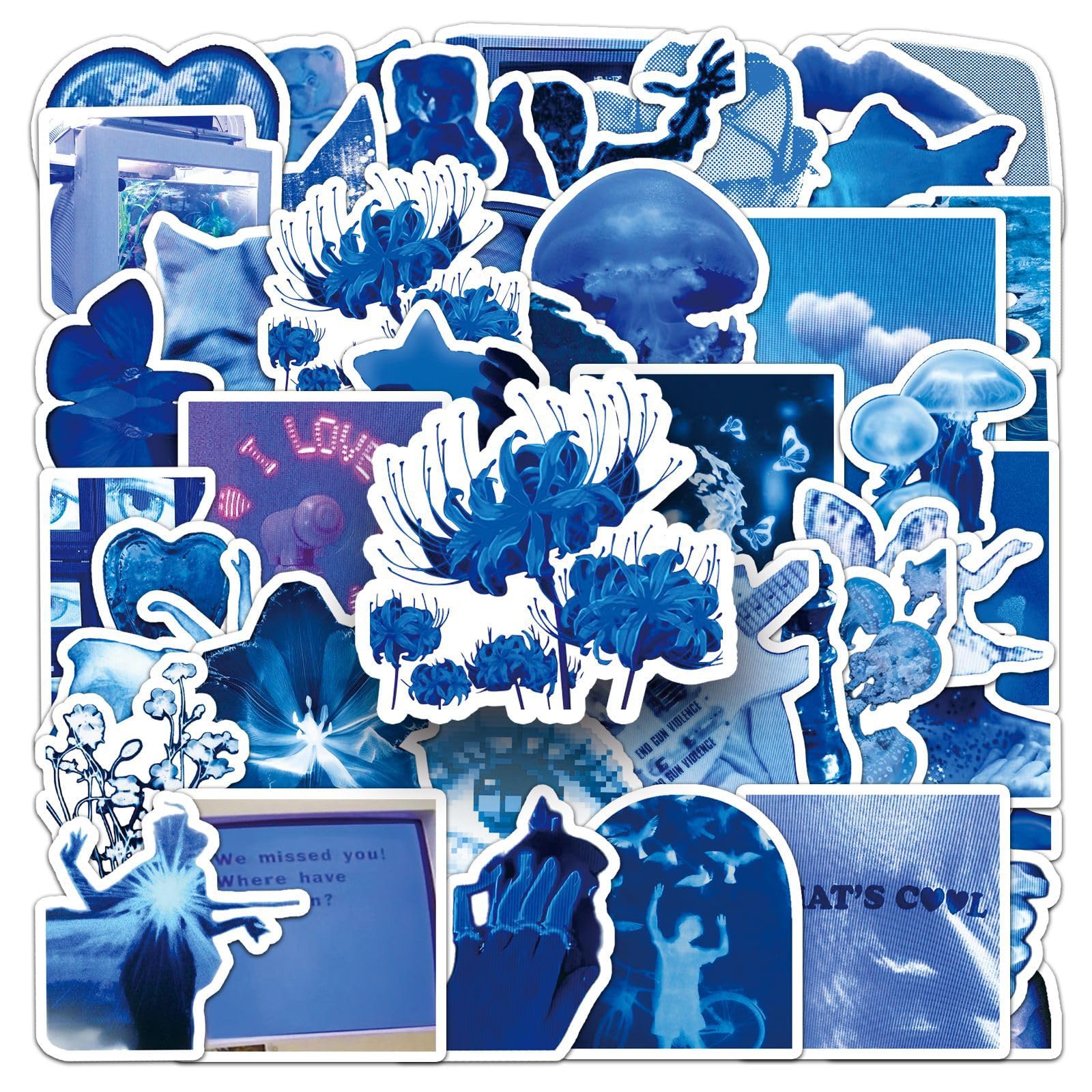 TUIOBUN 50PCS Blue Stickers for Bumper,Luggage,Bike,Helmet,Notebook,Scrapbook,Water Bottle,Laptop,Cartoon Aesthetic Waterproof Vinyl Sticker,Teens Girls Decal,Kawaii Trendy Graffiti Decals