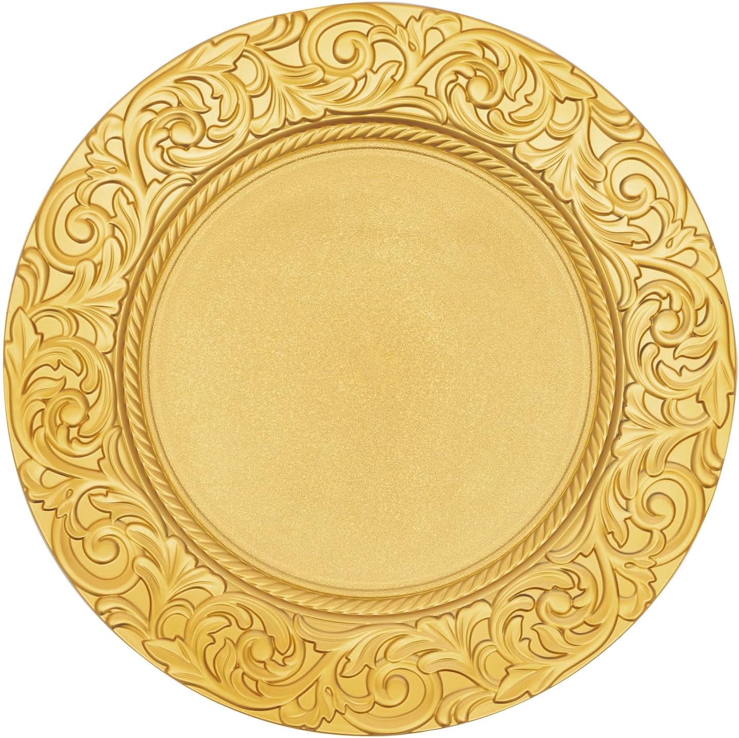 100 Pcs Antique Charger Plates Bulk Gold Round Plastic Dinner Plate Embossed Rim Server Plate Decorative Chargers Floral Plates for Dinner Parties Wedding Christmas,13 Inch (Gold-100PCS)