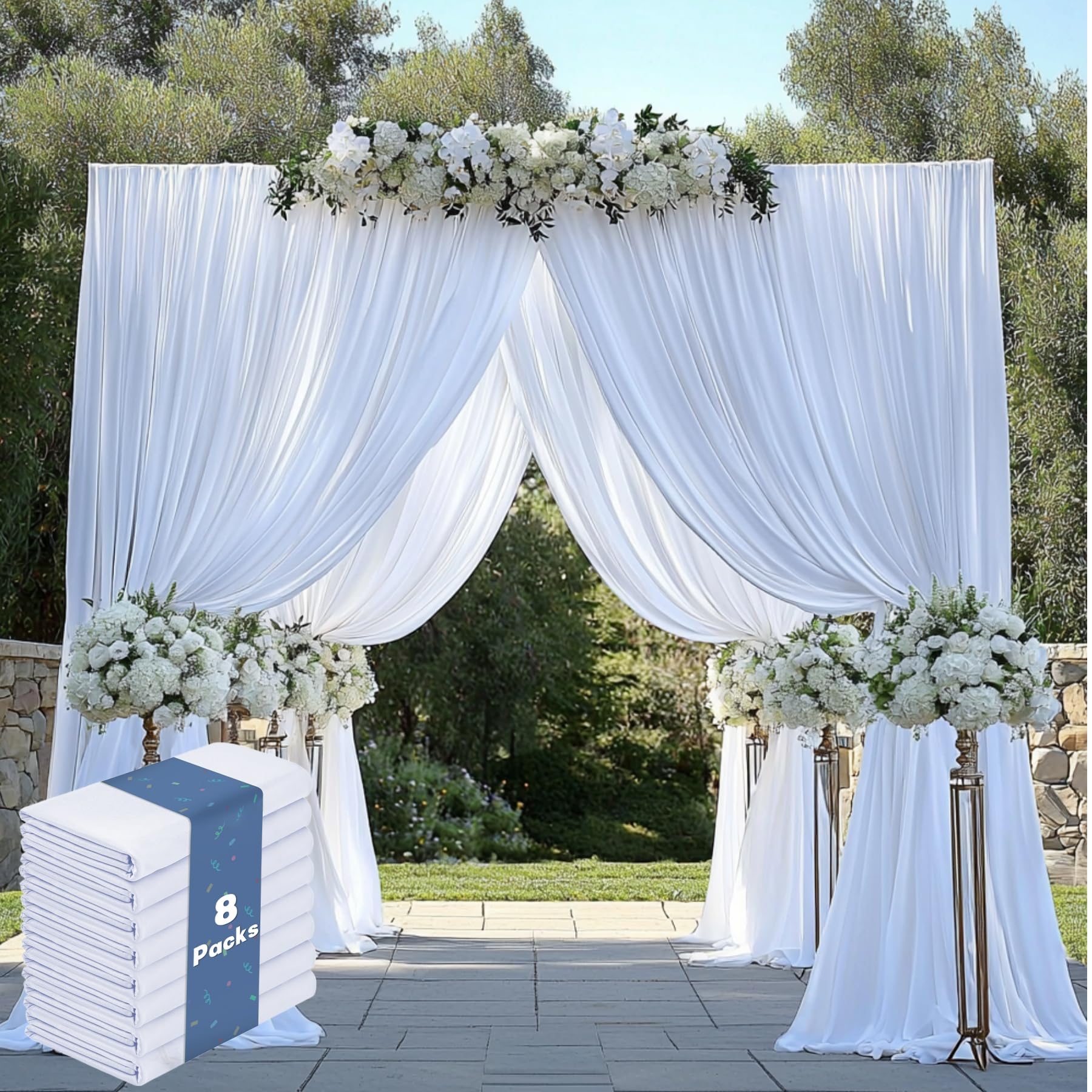 8Panels 5ft x 14ft White Backdrop Curtains for Wedding Party-Wrinkle Free 14FT Long White Backdrop Drapes Fabric Photo Back Drop Cloth for Baby Shower
