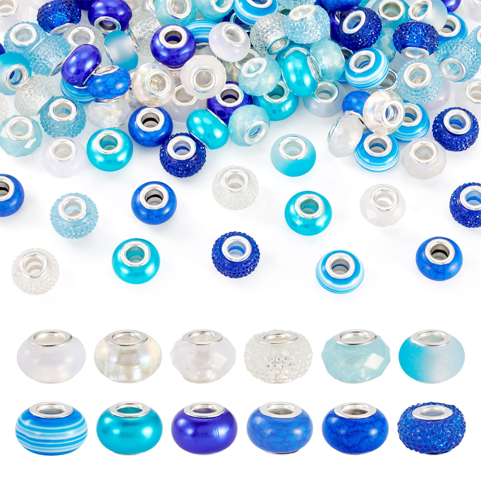 120Pcs Large Hole Resin Beads Blue European Crafts Beads Large Hole European Loose Bead for DIY Crafts Fairy Wand Garden Pen Making Women Bracelet Earring Jewelry Making
