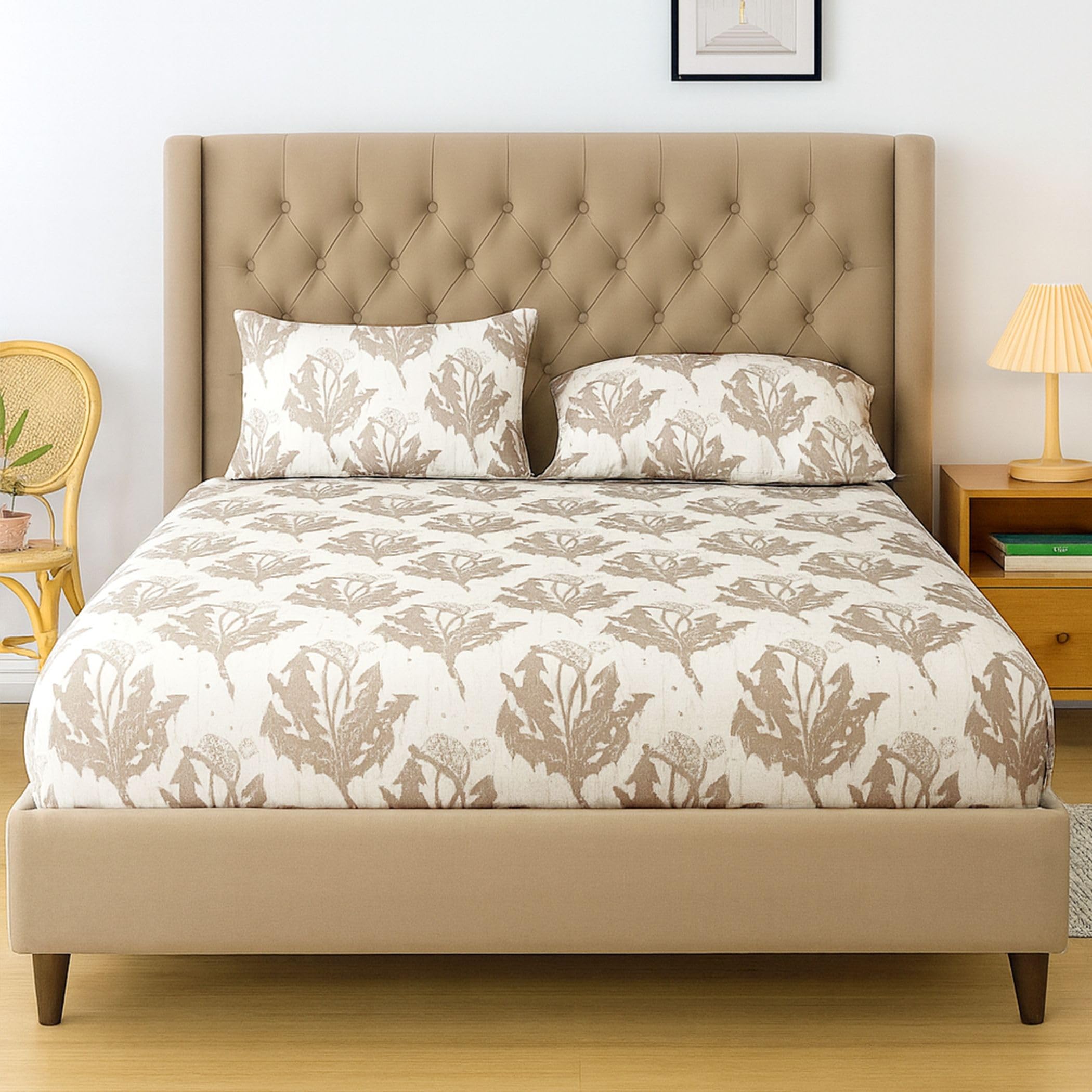 Swayam Cotton Blend Double Bedsheet with 2 Pillow Covers | Size 90 x 100 inch | 200 TC | Leaf Design | Soft Breathable Bed Sheet | Comfortable & Durable for Bedroom - Light Brown-image-28