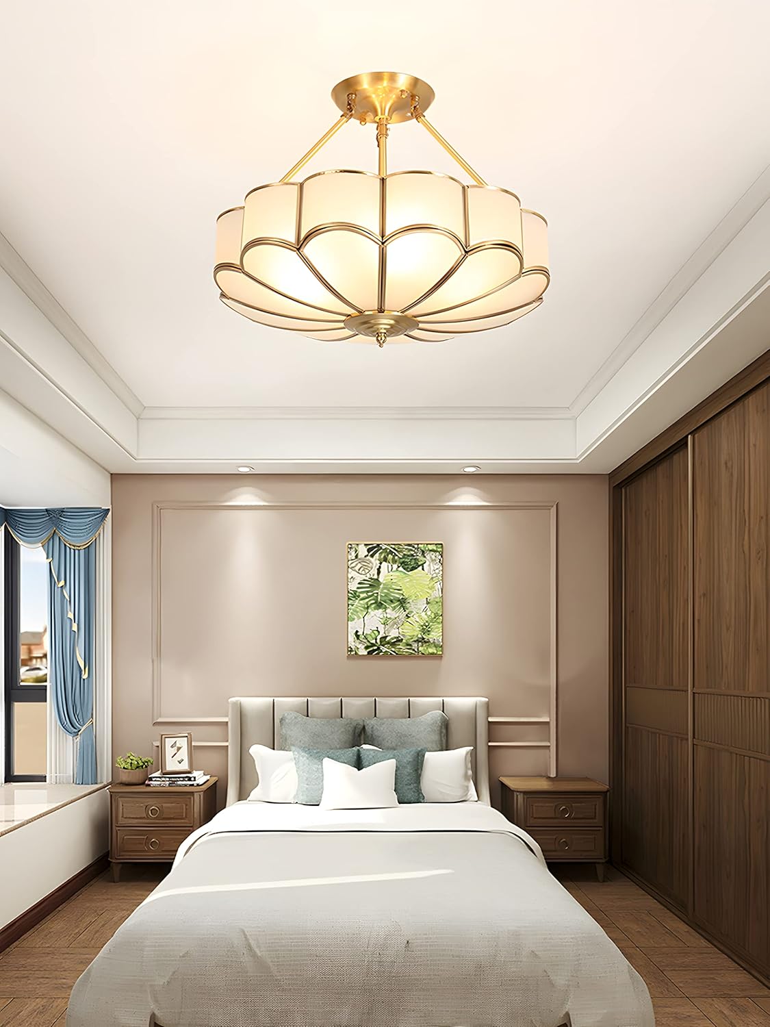 MIXL- Mid Century Brass Semi Flush Mount Ceiling Light,6-Light LED Brass and Glass Ceiling Chandelier,Frosted Glass Shade Modern Light,Close to Ceiling Light Decorative for Bedroom Living Room 23.6 inchs