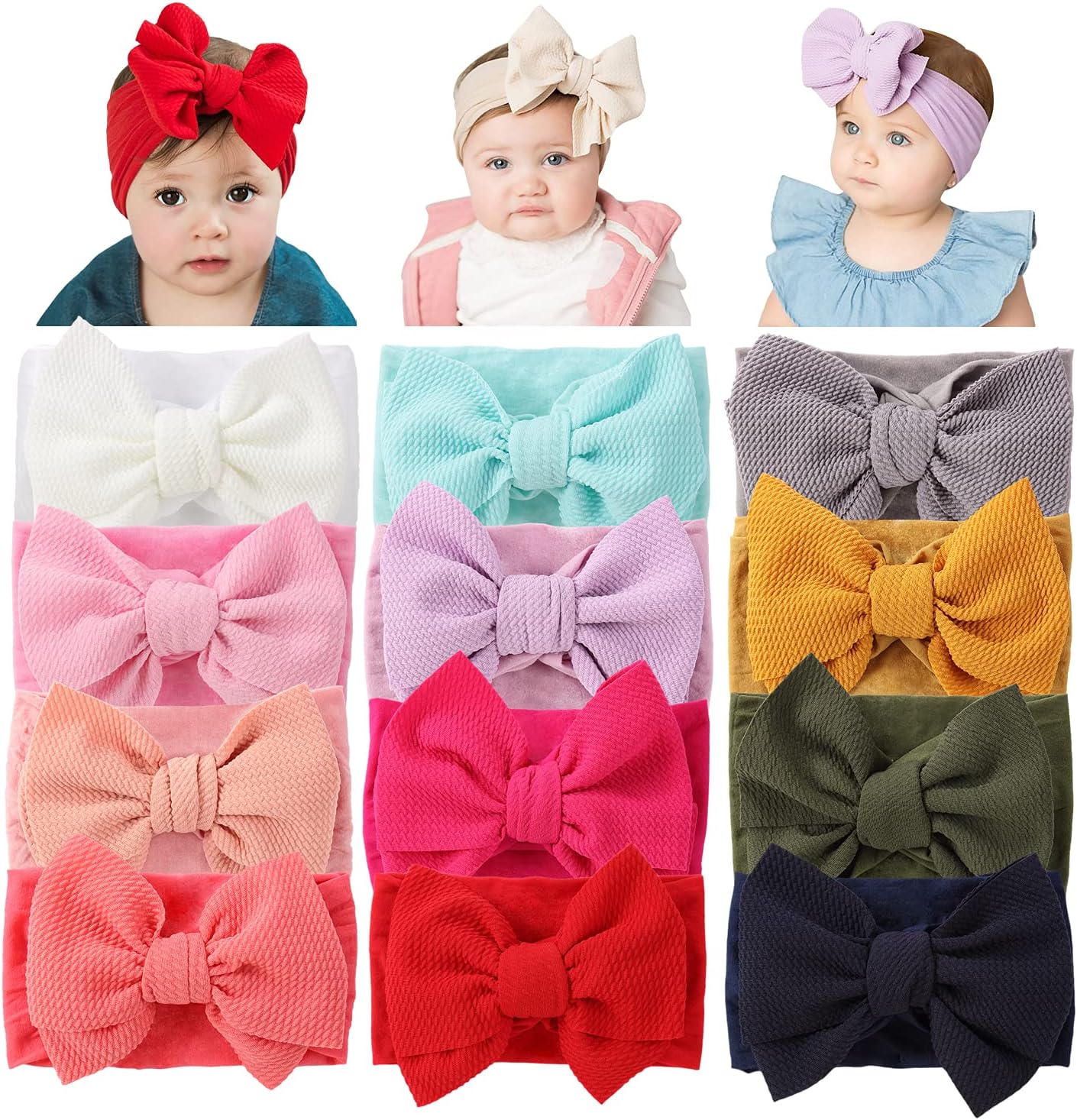 Cinaci 12 Pack Solid Stretchy Nylon Headbands with Big Bow Hair Accessories Wide Headwraps for Baby Girls Infants Toddlers Kids