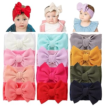Cinaci 12 Pack Oversized Colorful Solid Stretchy Nylon Headbands with Big Bow Large Knot Hair Bows Soft Elastic Hair Bands Hair Accessories Wide Headwraps for Newborn Baby Girls Infants Toddlers Kids