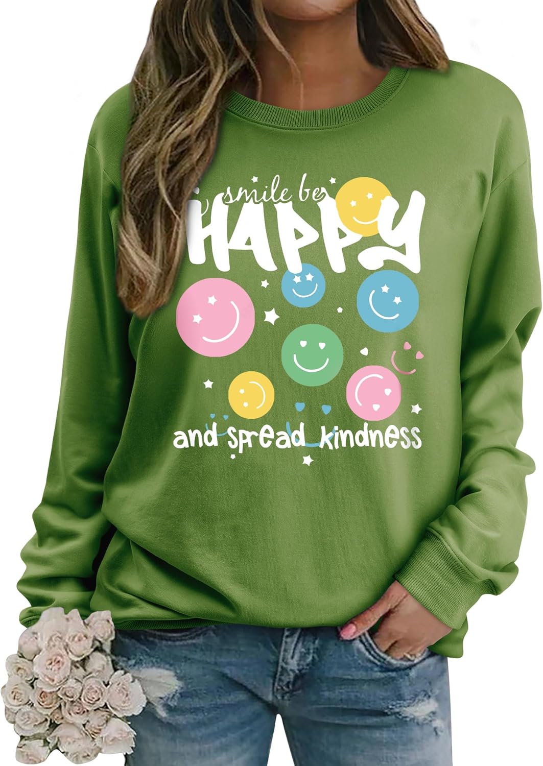Dresswel Dames Sweatshirt Smile Brief Print Pullover Grappige Glimlachende Ronde Hals Langmouw Shirt Katoen Trui Herfst Winter Casual Bovenkleding Langmouw Tops, S