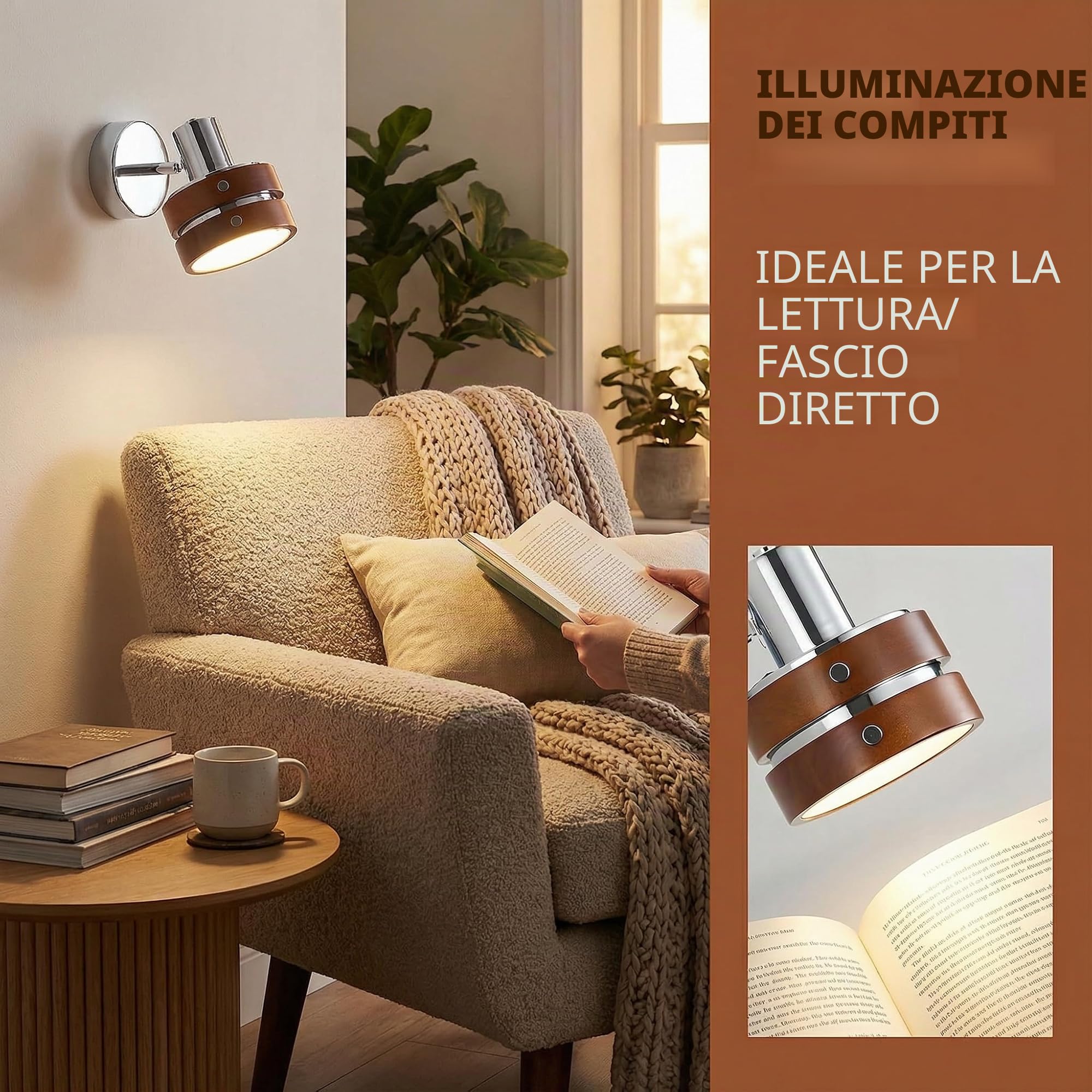 Lampada da Parete Vintage Design - Legno Naturale & Acciaio Cromato, Applique da Interno E27 Angolo Regolabile per CaCamera da Letto, Soggiorno e Home Studio (2 Paquets)