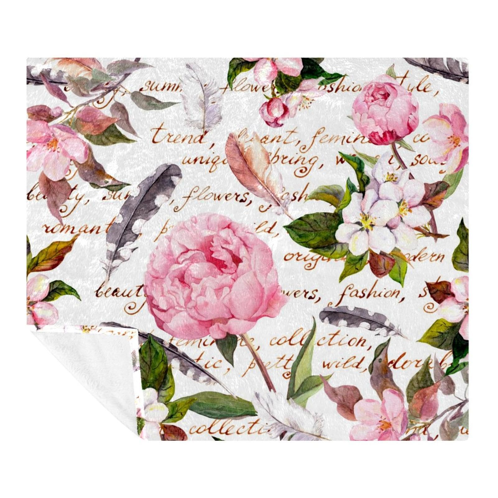 Couverture polaire en microfibre motif pivoine rose | Plaid de lit doux 150x200 cm