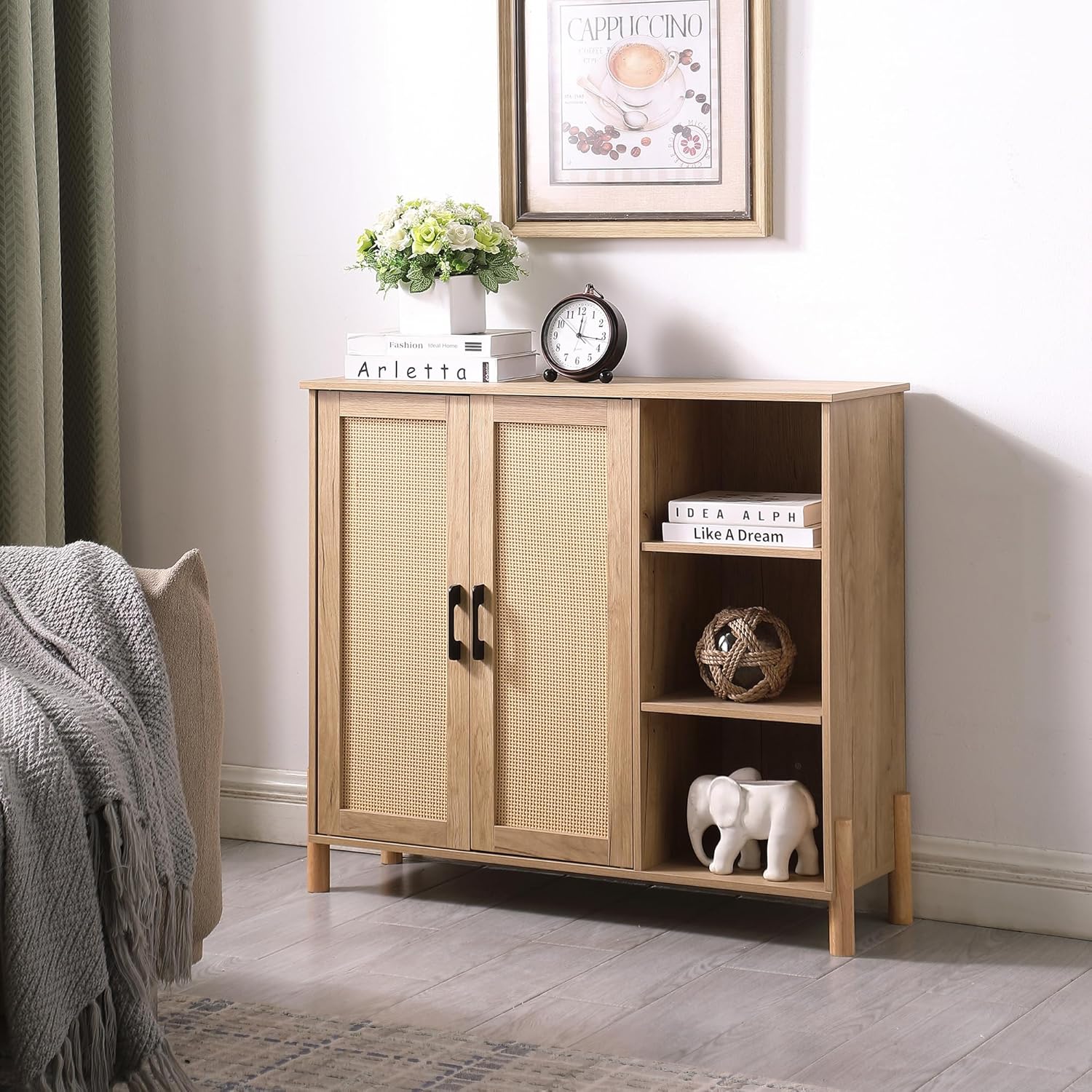 Storage Cabinet, Bathroom Cabinet with Rattan Doors, Bathroom Floor Cabinet with Open Storage & Adjustable Shelf, Coffee Bar, Storage Cabinet for Living Room, Bedroom, Entryway, Natural